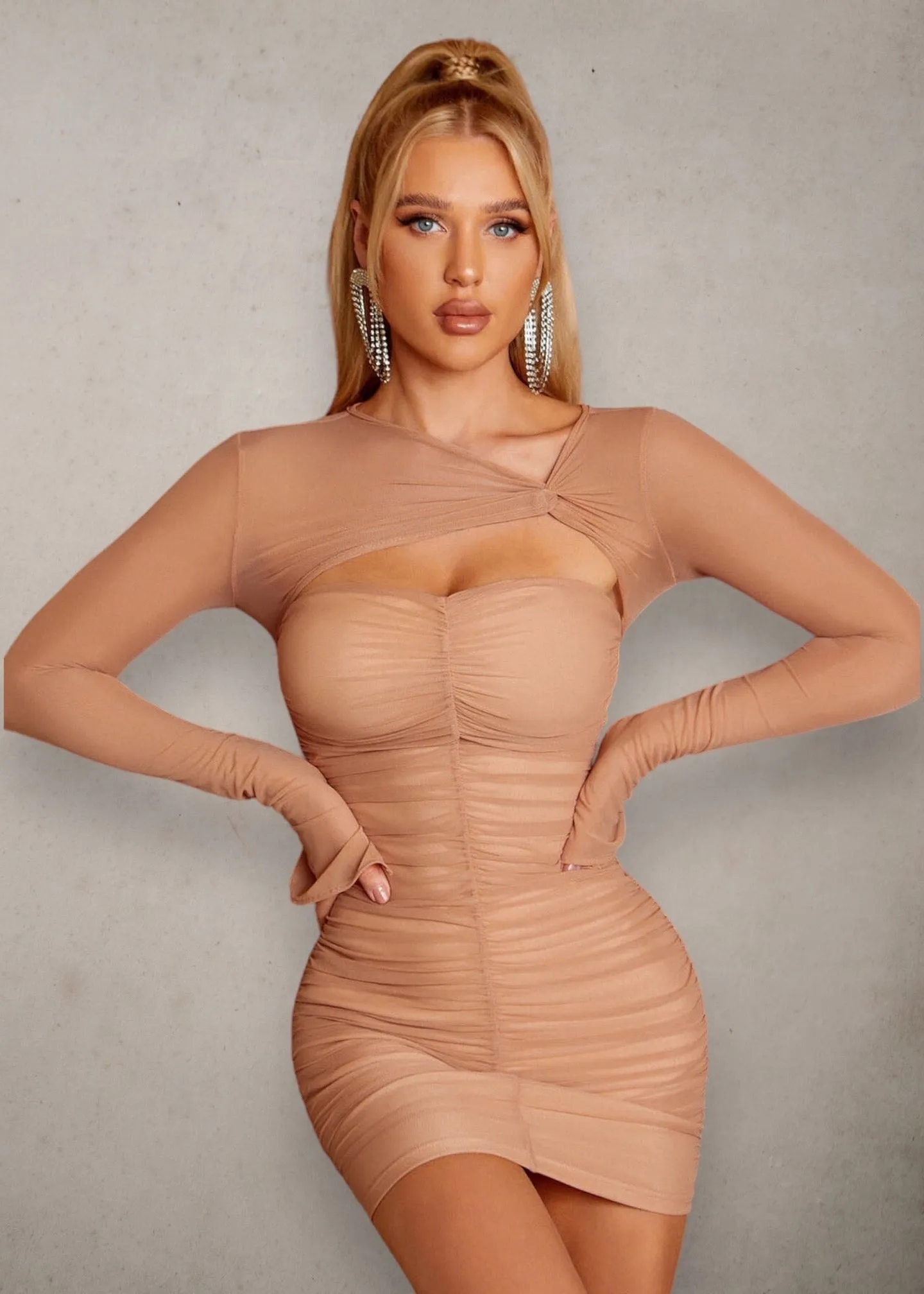 Twist Front Cut Out Split Cuff Ruched Mesh Bodycon Dress