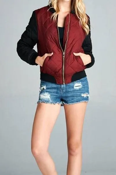 Two Tone Quilted Bomber Jacket (Burgundy)