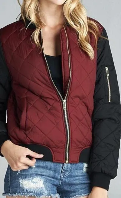 Two Tone Quilted Bomber Jacket (Burgundy)