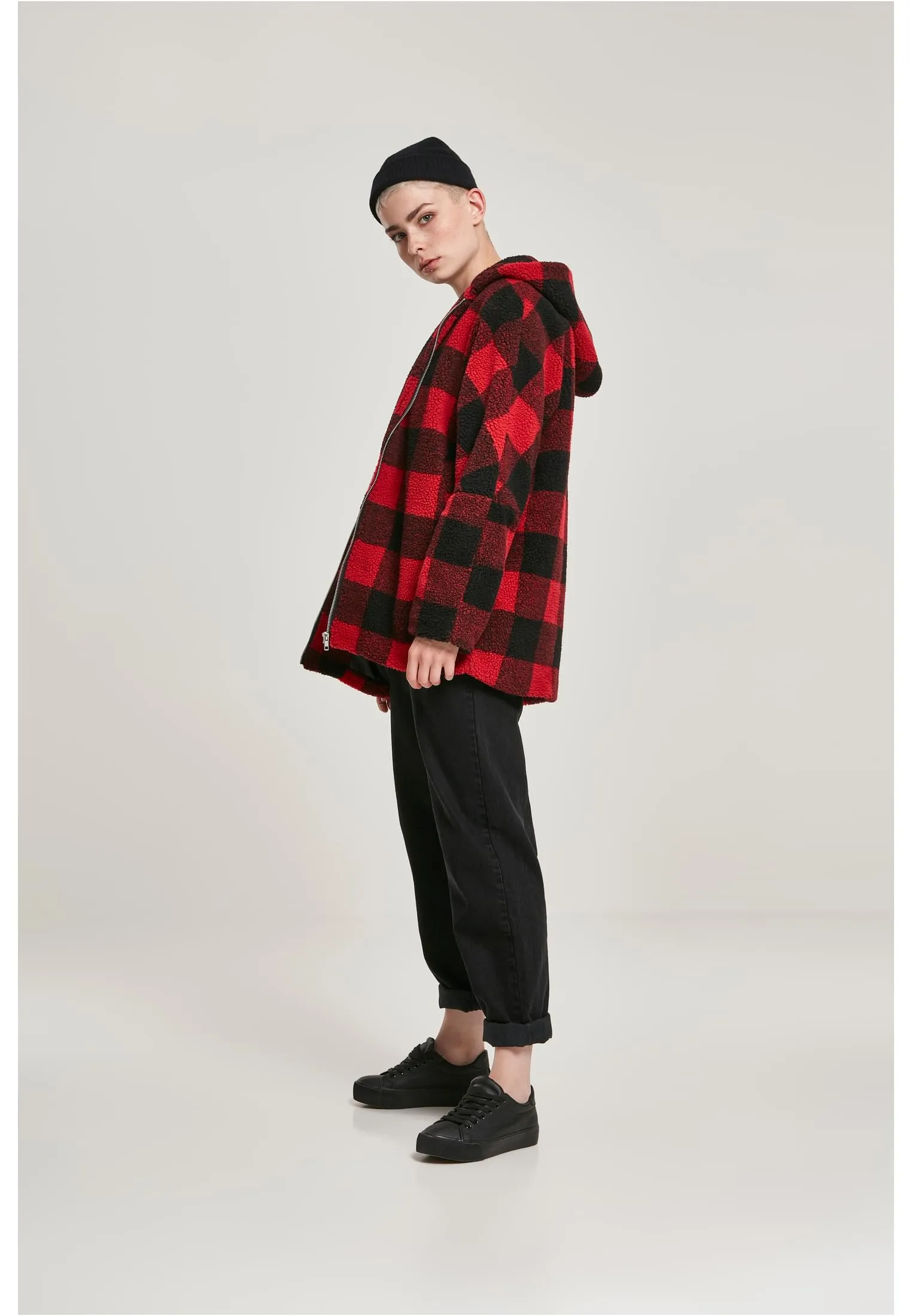 UC Hooded Oversized Check Sherpa Jacket