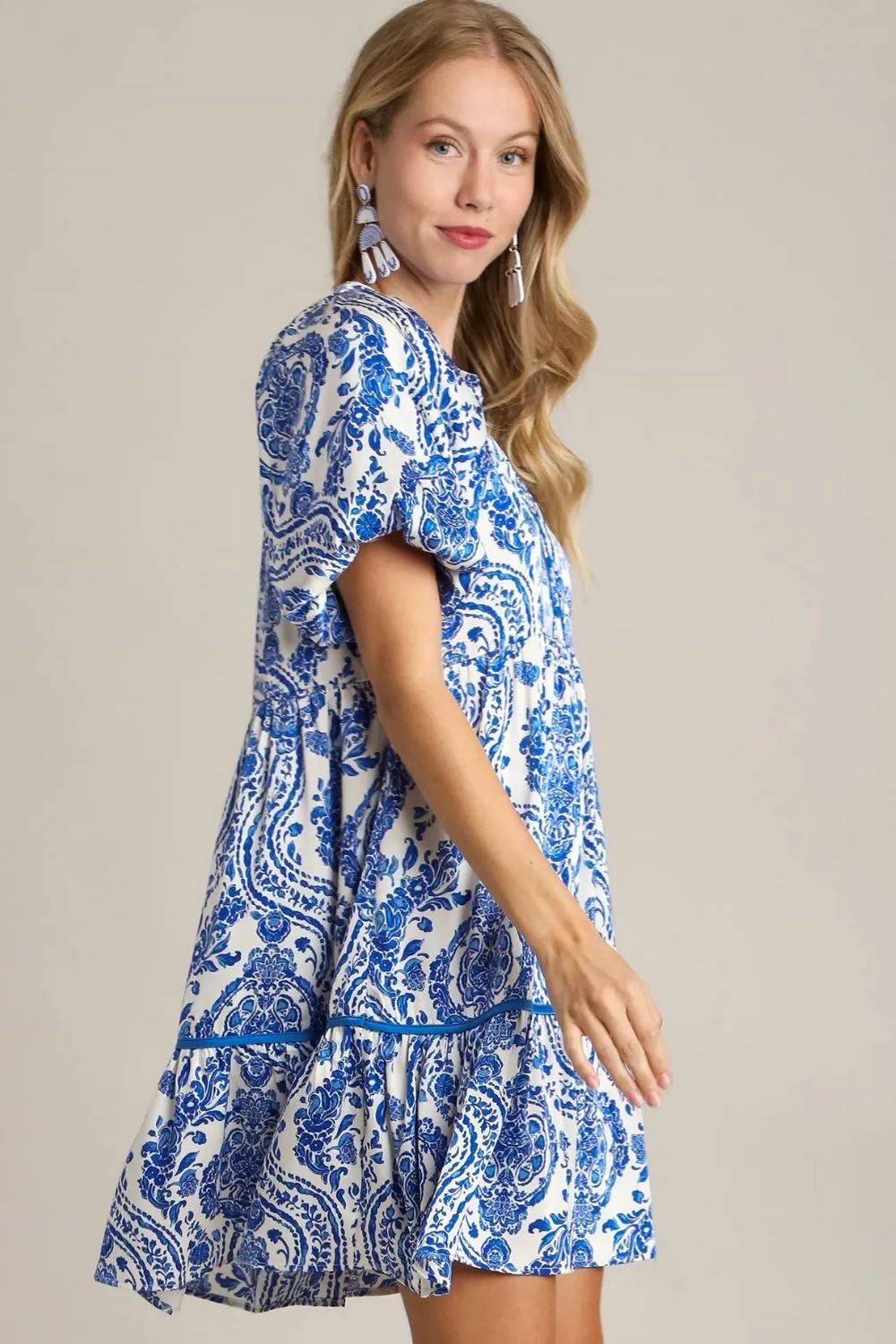 Umgee Printed Notched Puff Sleeve Mini Dress