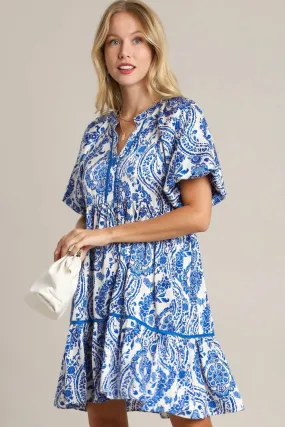 Umgee Printed Notched Puff Sleeve Mini Dress