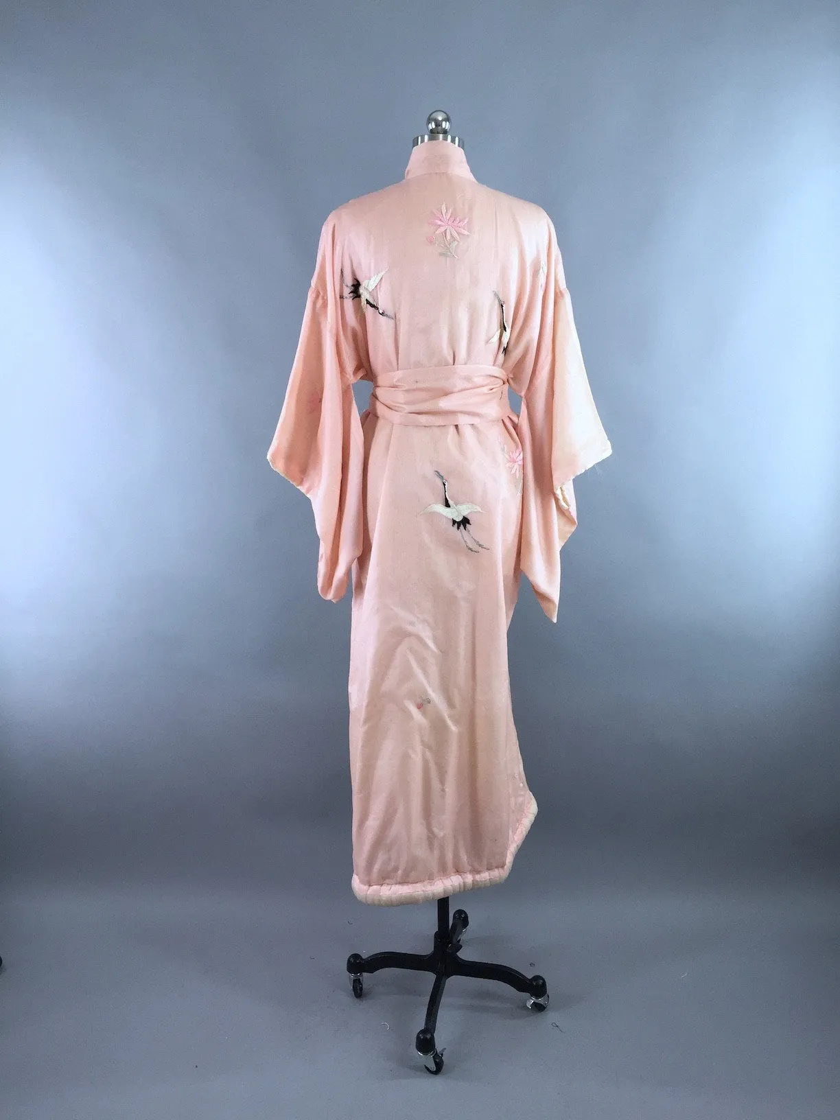 Vintage 1910s - 1920s Vintage Silk Kimono Robe / Pink Embroidered Cranes Birds