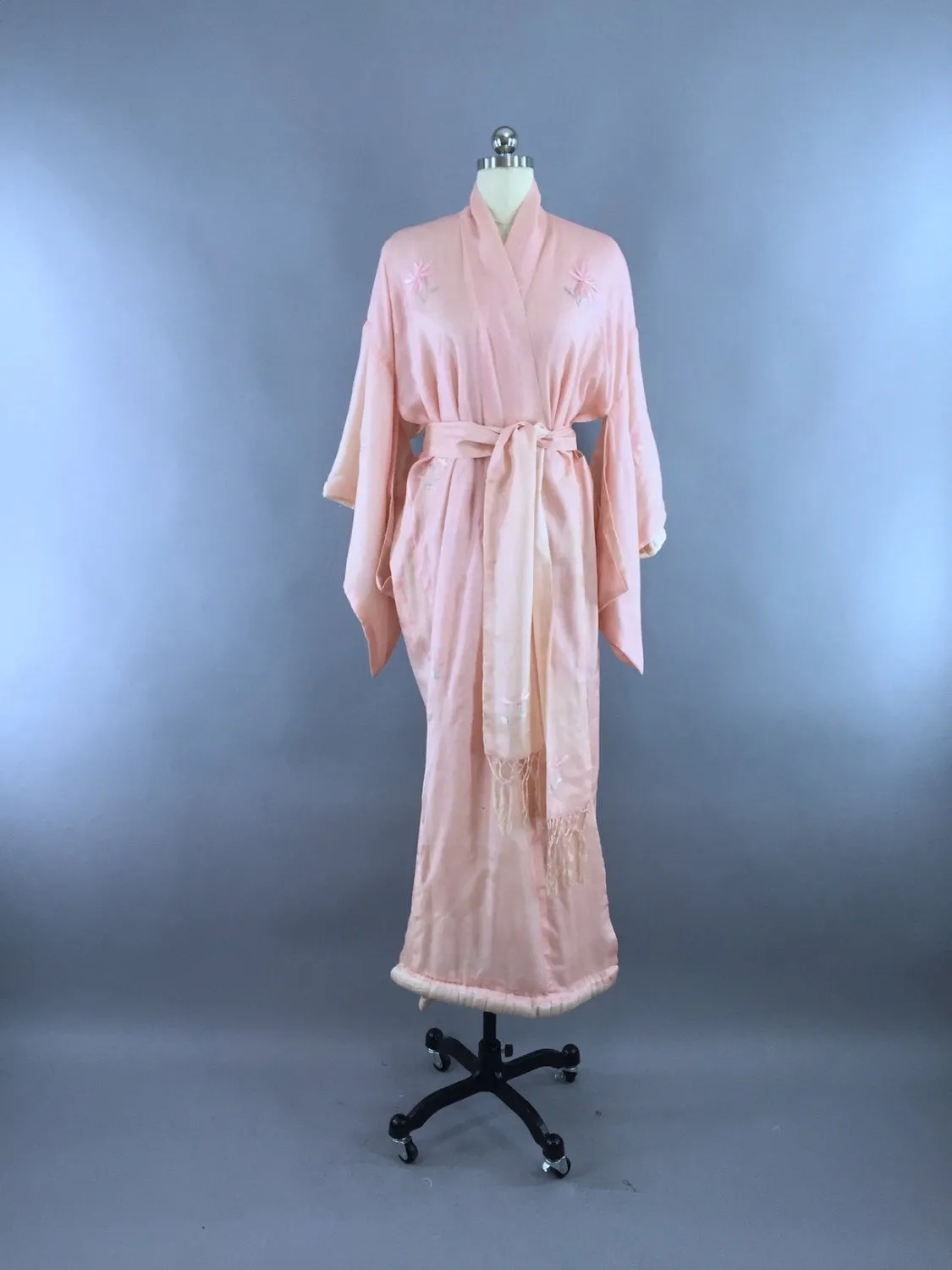 Vintage 1910s - 1920s Vintage Silk Kimono Robe / Pink Embroidered Cranes Birds