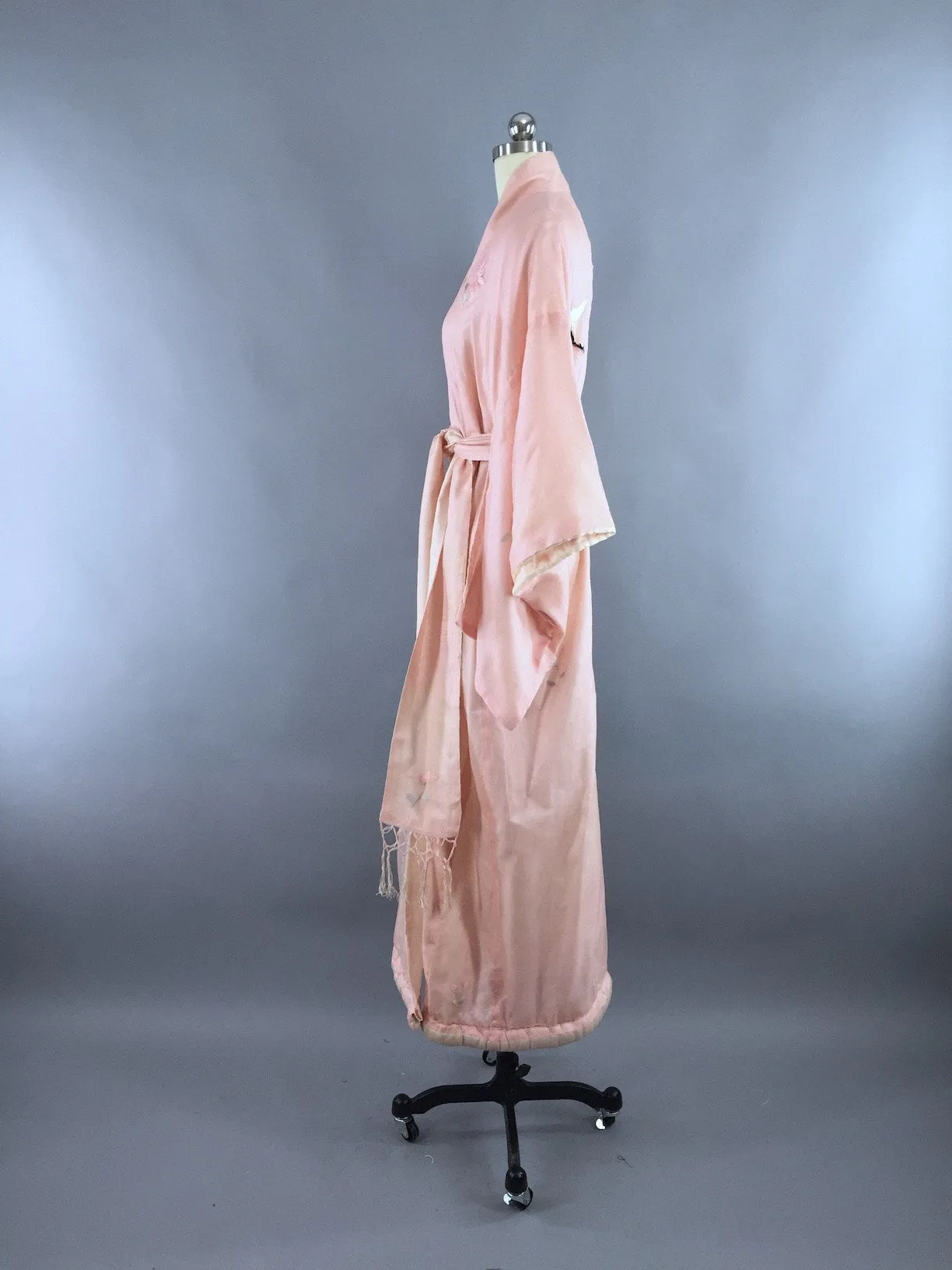 Vintage 1910s - 1920s Vintage Silk Kimono Robe / Pink Embroidered Cranes Birds