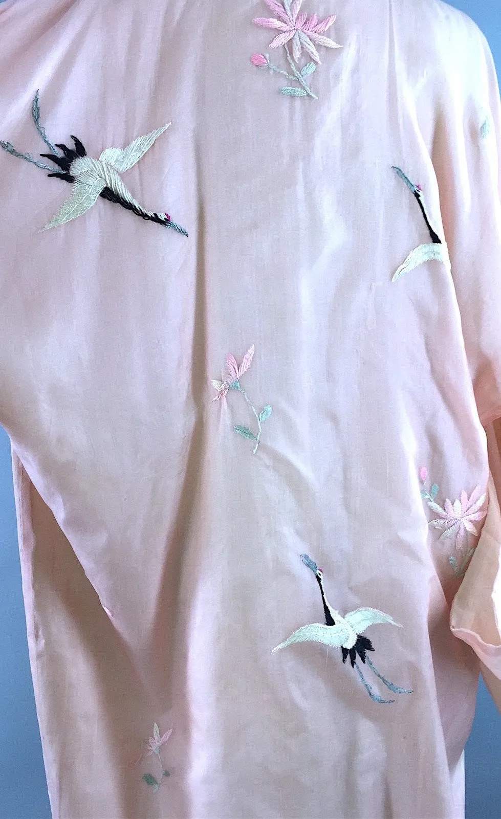 Vintage 1910s - 1920s Vintage Silk Kimono Robe / Pink Embroidered Cranes Birds