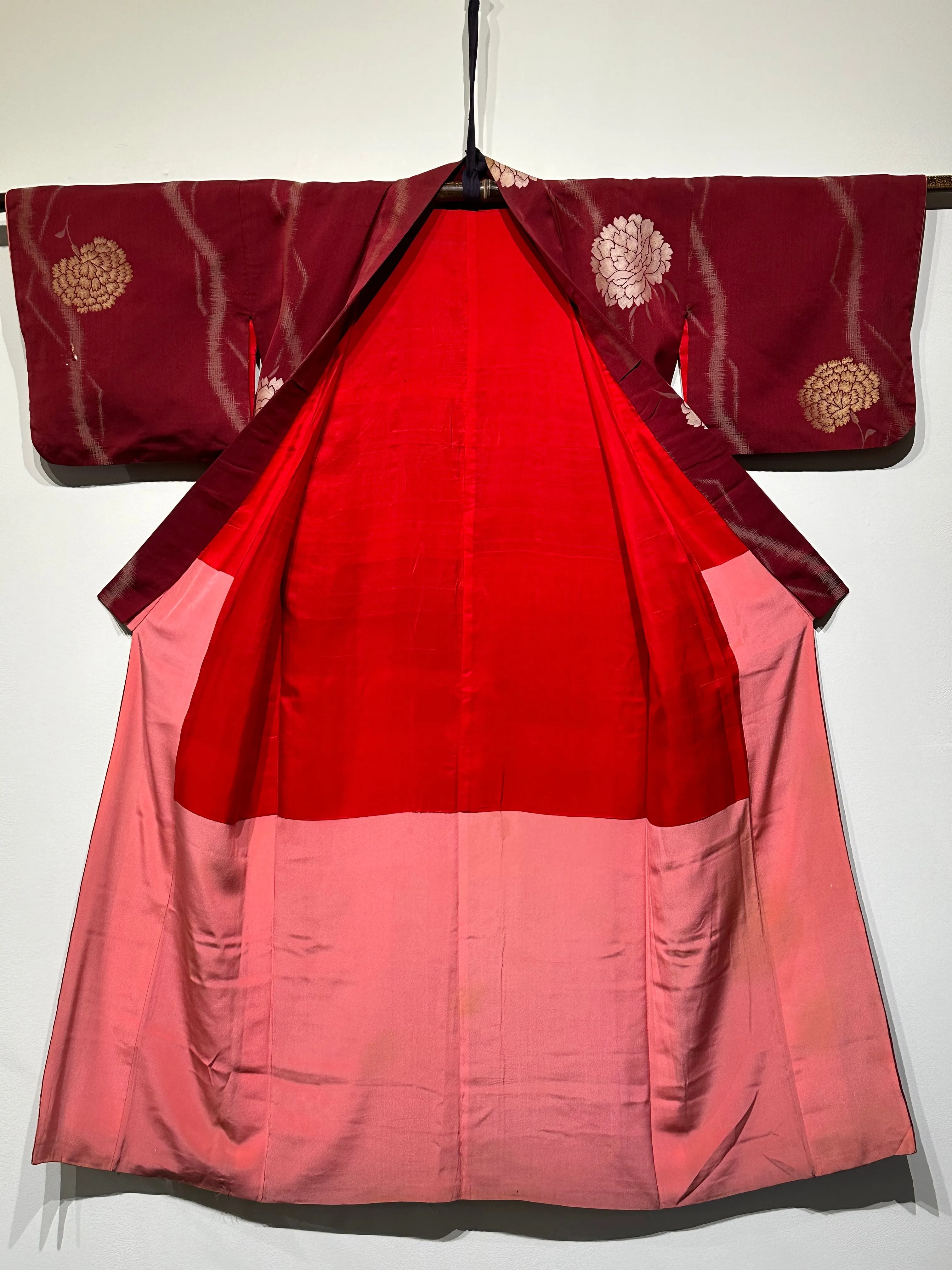 Vintage Japanese Red Silk Kimono w/ Peonie Motif