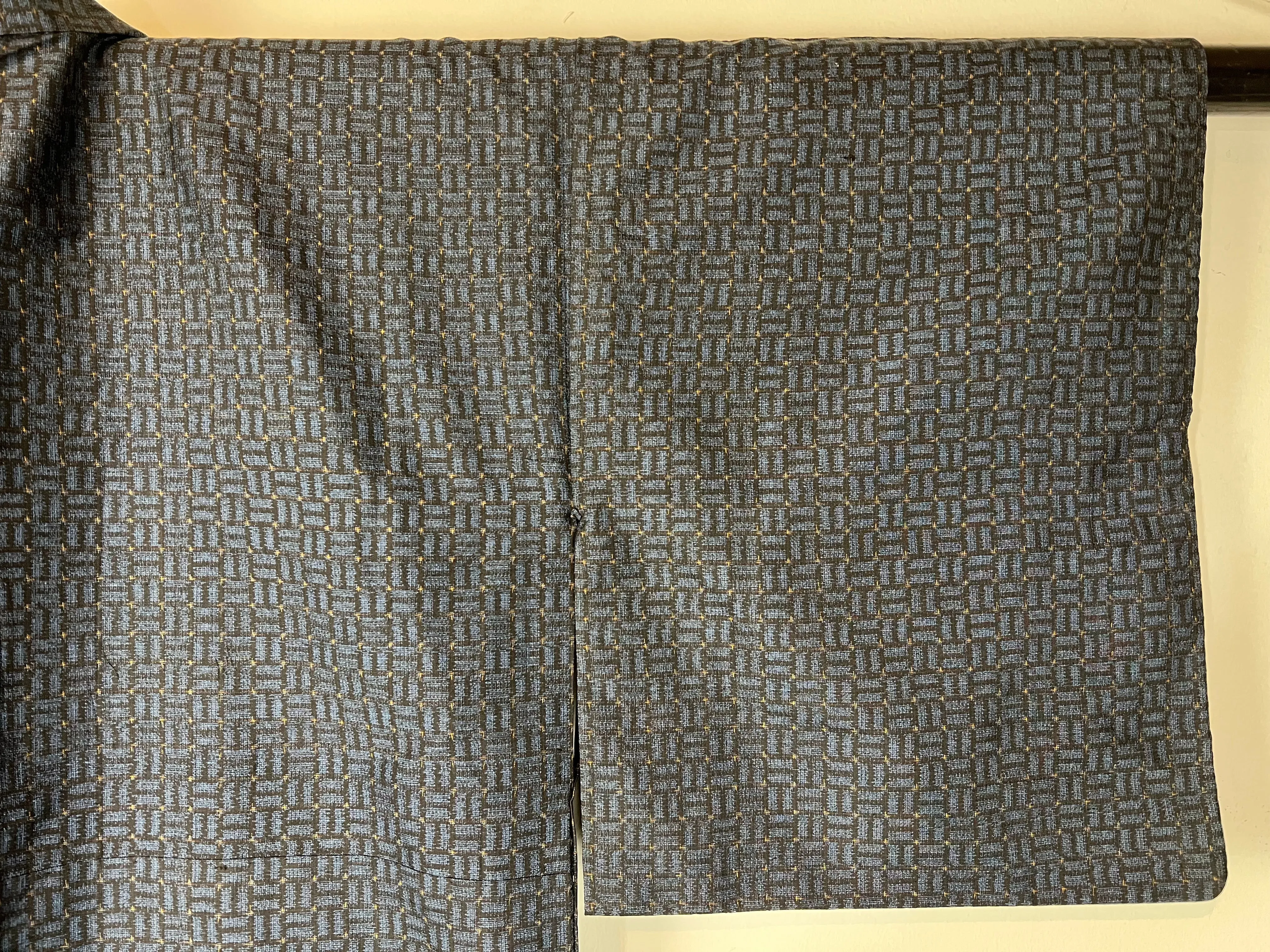 Vintage Japanese Silk Kimono Blue & Black Weave Pattern 55"L