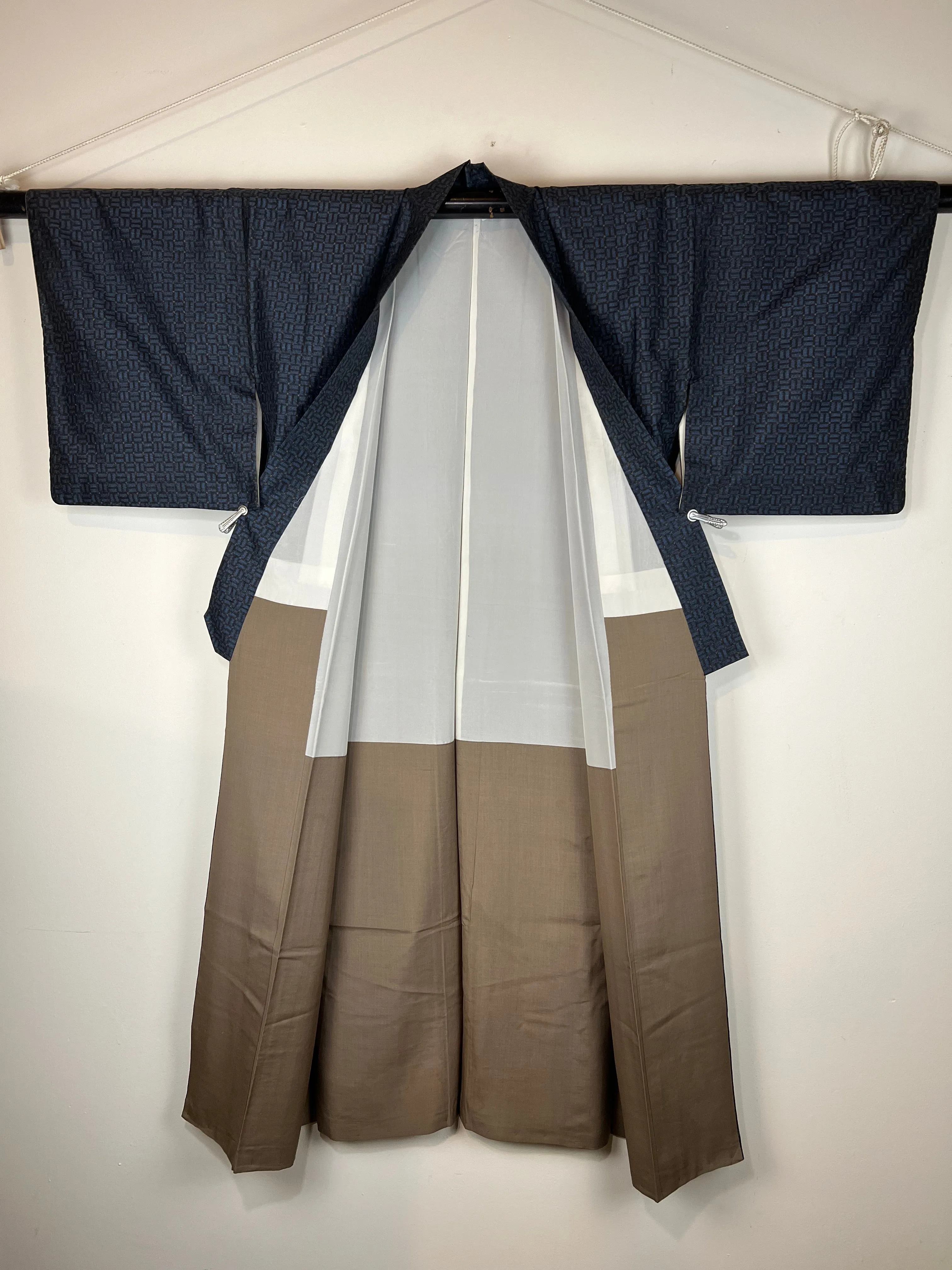 Vintage Japanese Silk Kimono Blue & Black Weave Pattern 55"L