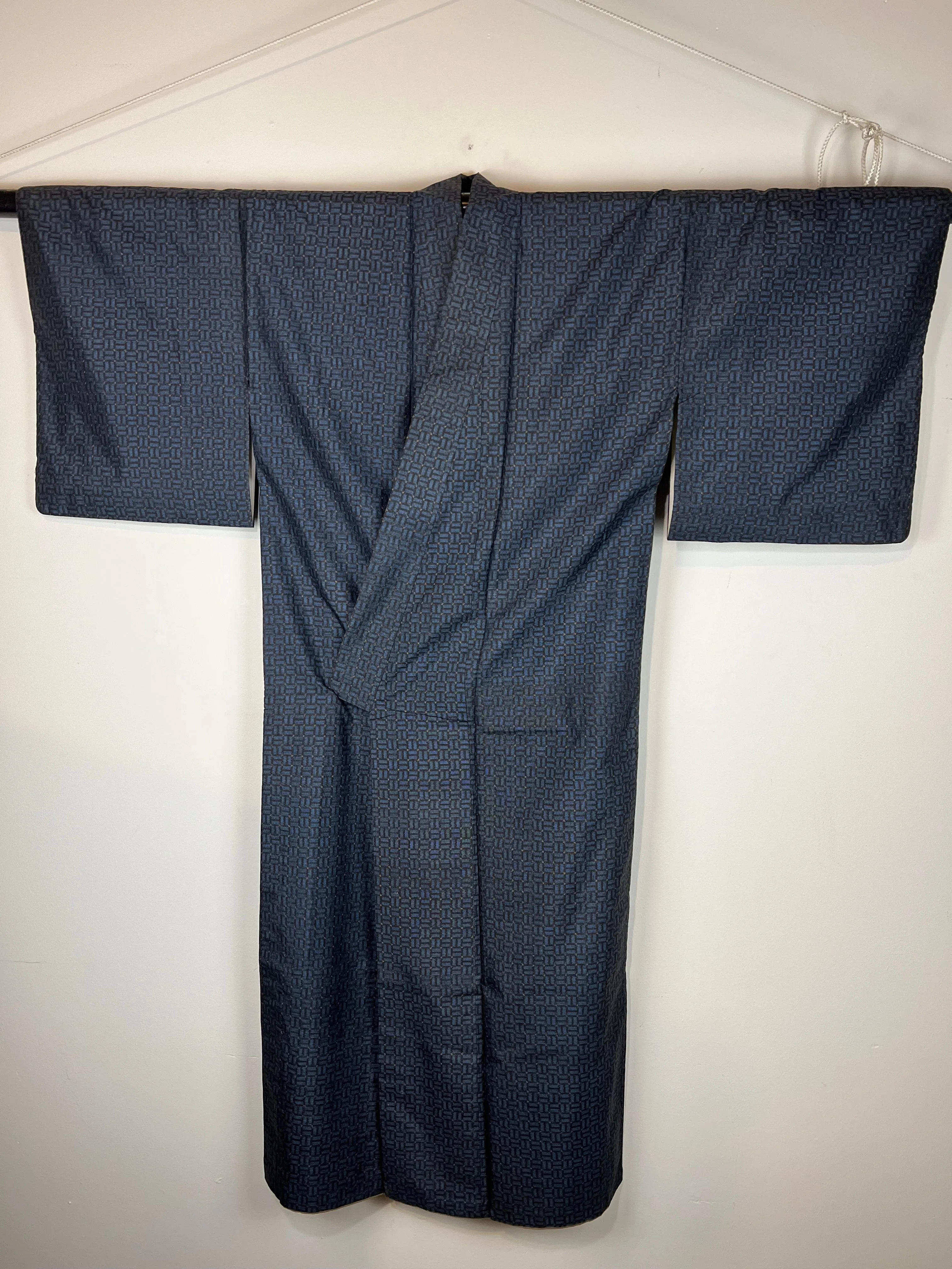 Vintage Japanese Silk Kimono Blue & Black Weave Pattern 55"L