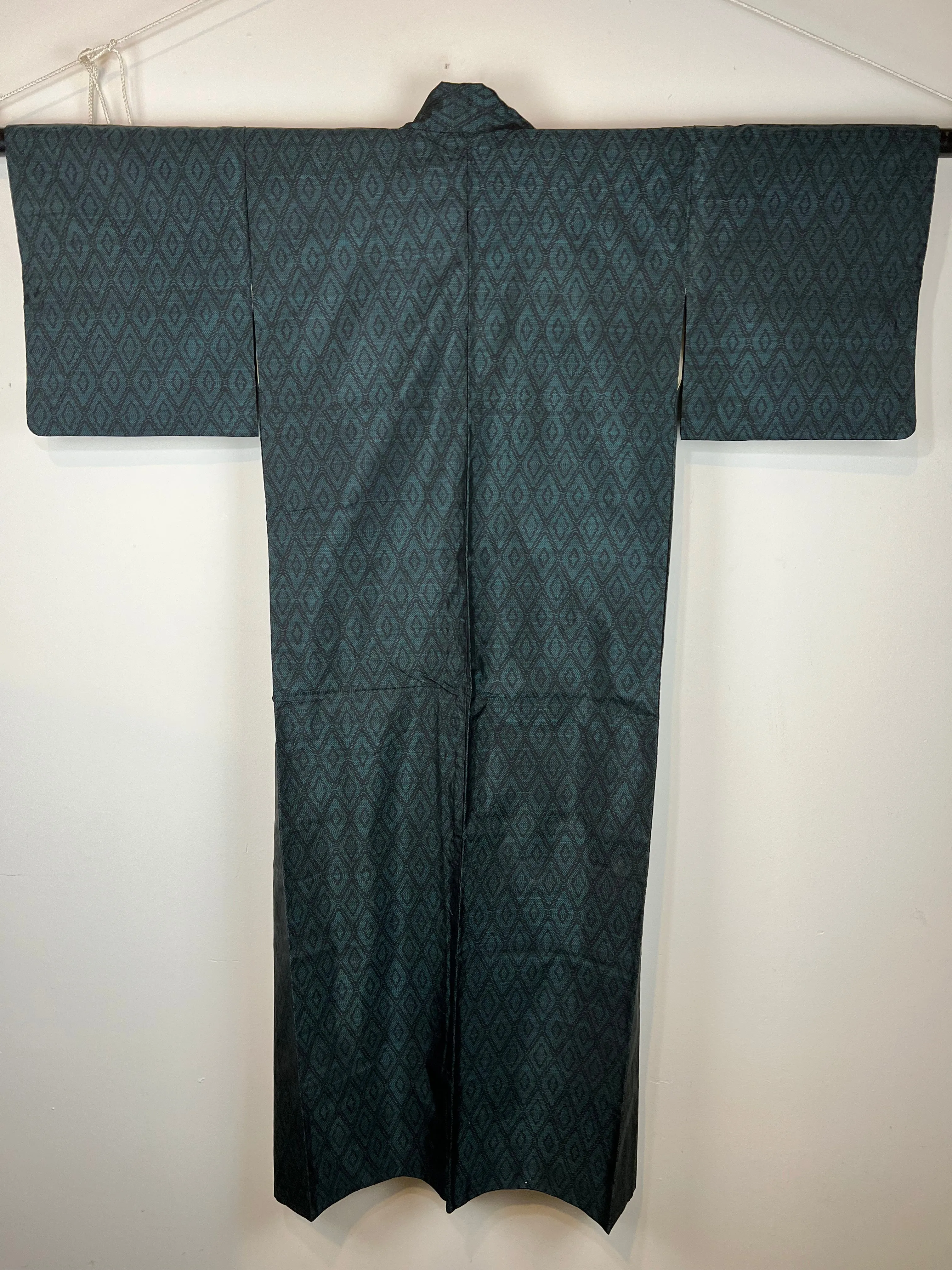 Vintage Japanese Silk Kimono Emerald Green Diamond Pattern 60"L
