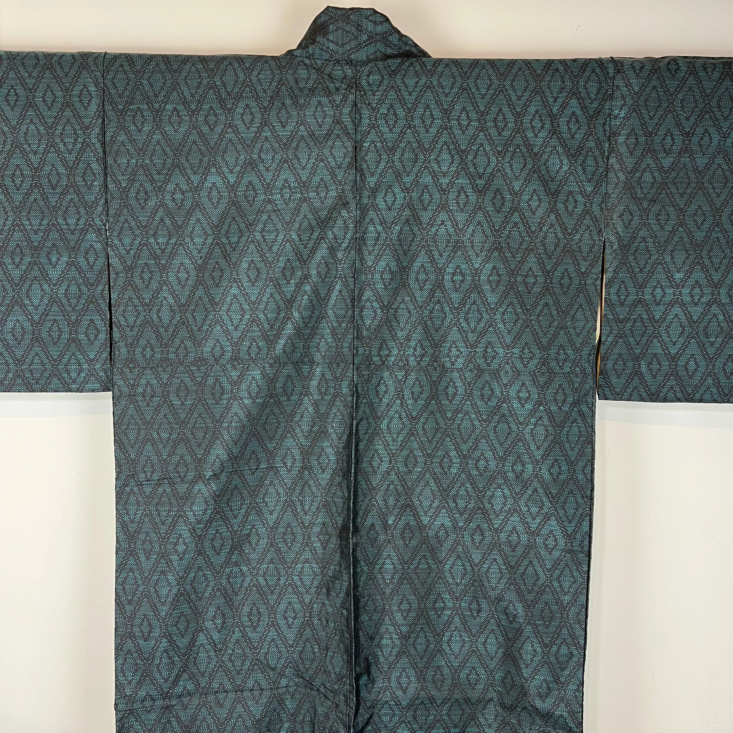 Vintage Japanese Silk Kimono Emerald Green Diamond Pattern 60"L