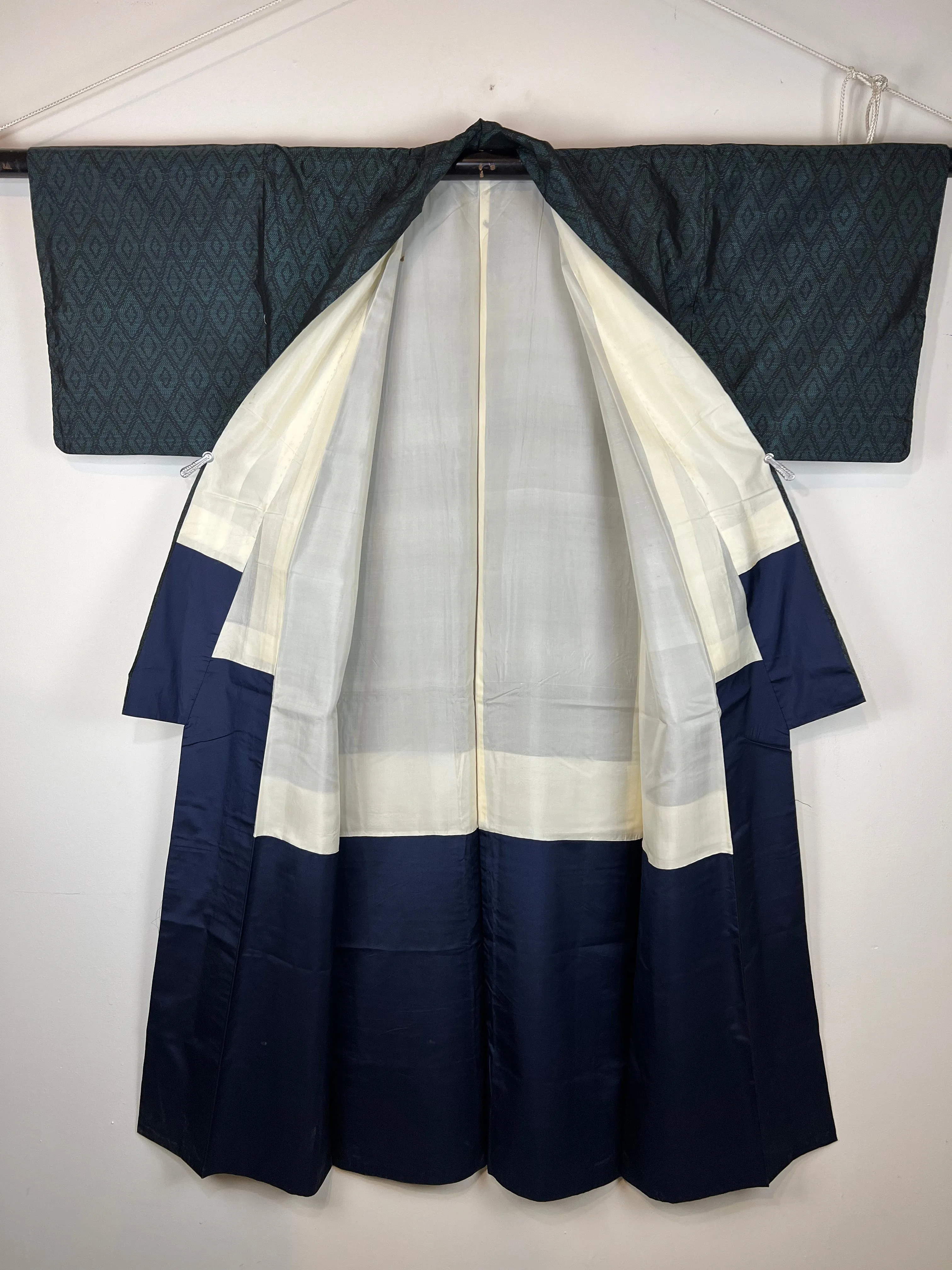Vintage Japanese Silk Kimono Emerald Green Diamond Pattern 60"L