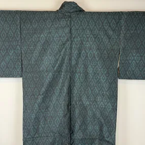 Vintage Japanese Silk Kimono Emerald Green Diamond Pattern 60"L