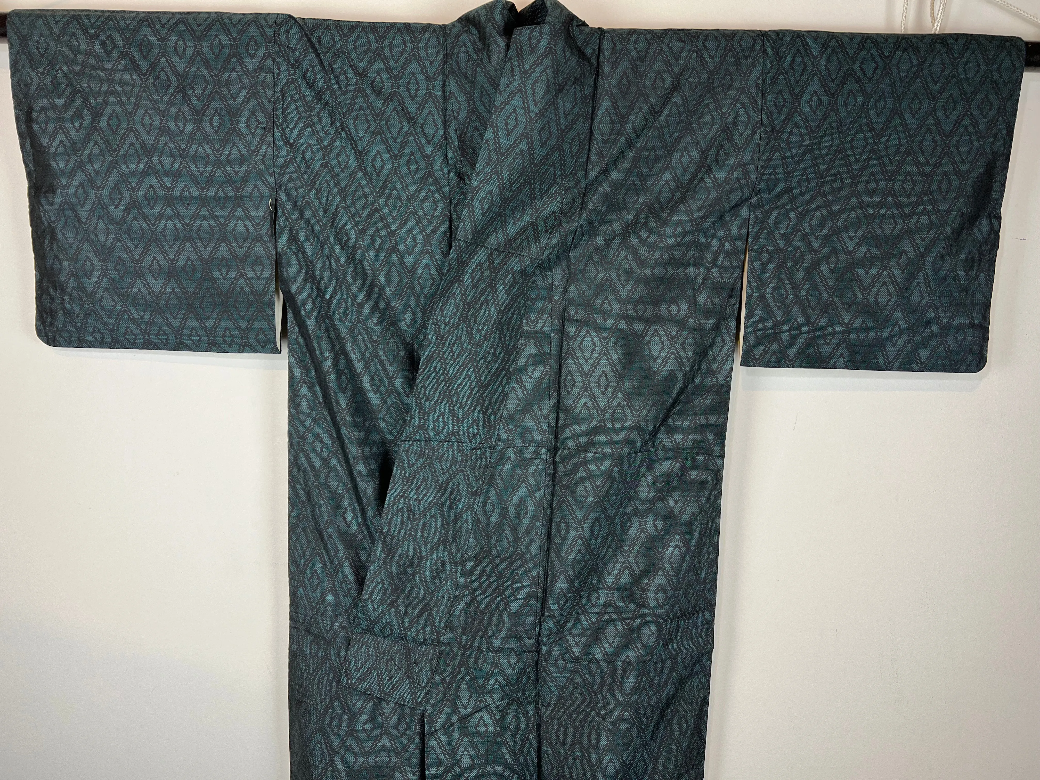 Vintage Japanese Silk Kimono Emerald Green Diamond Pattern 60"L