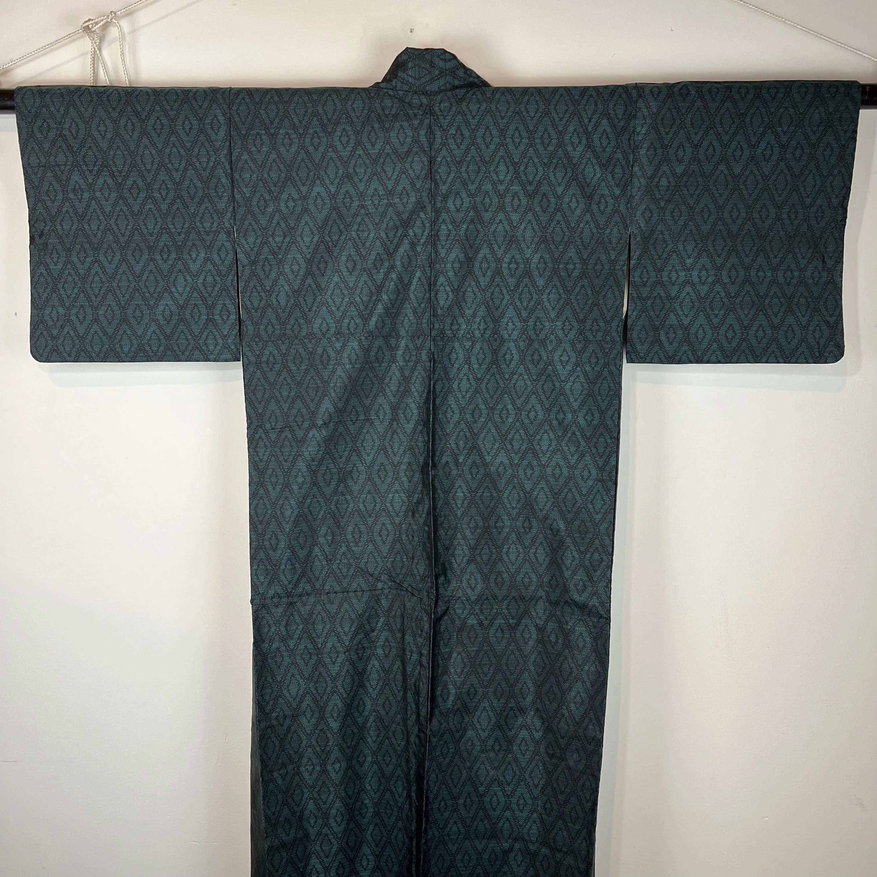 Vintage Japanese Silk Kimono Emerald Green Diamond Pattern 60"L