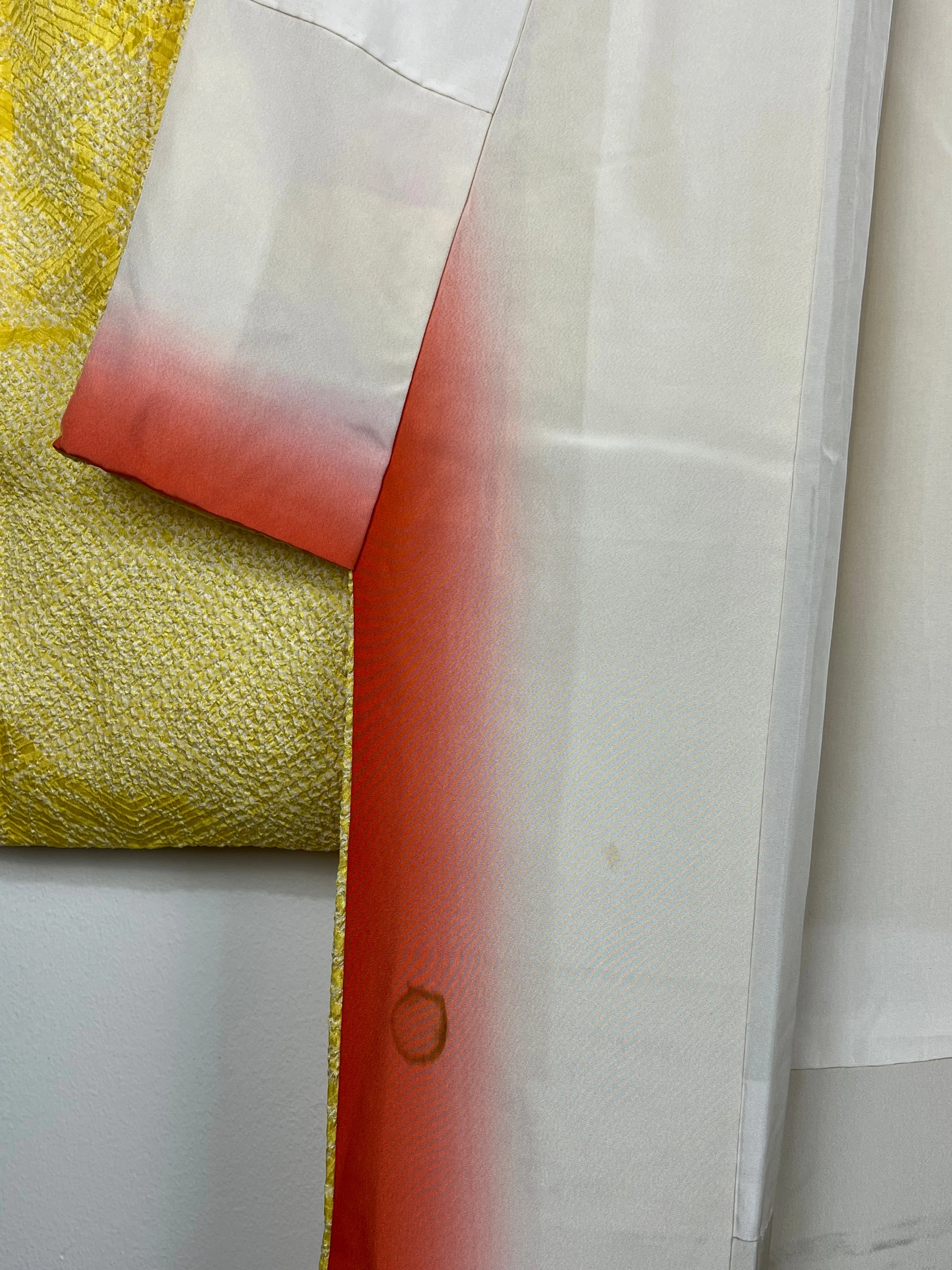 Vintage Japanese Silk Kimono in Shibori Tie-dye Style Soft Yellow w/ Embroidery 60"L