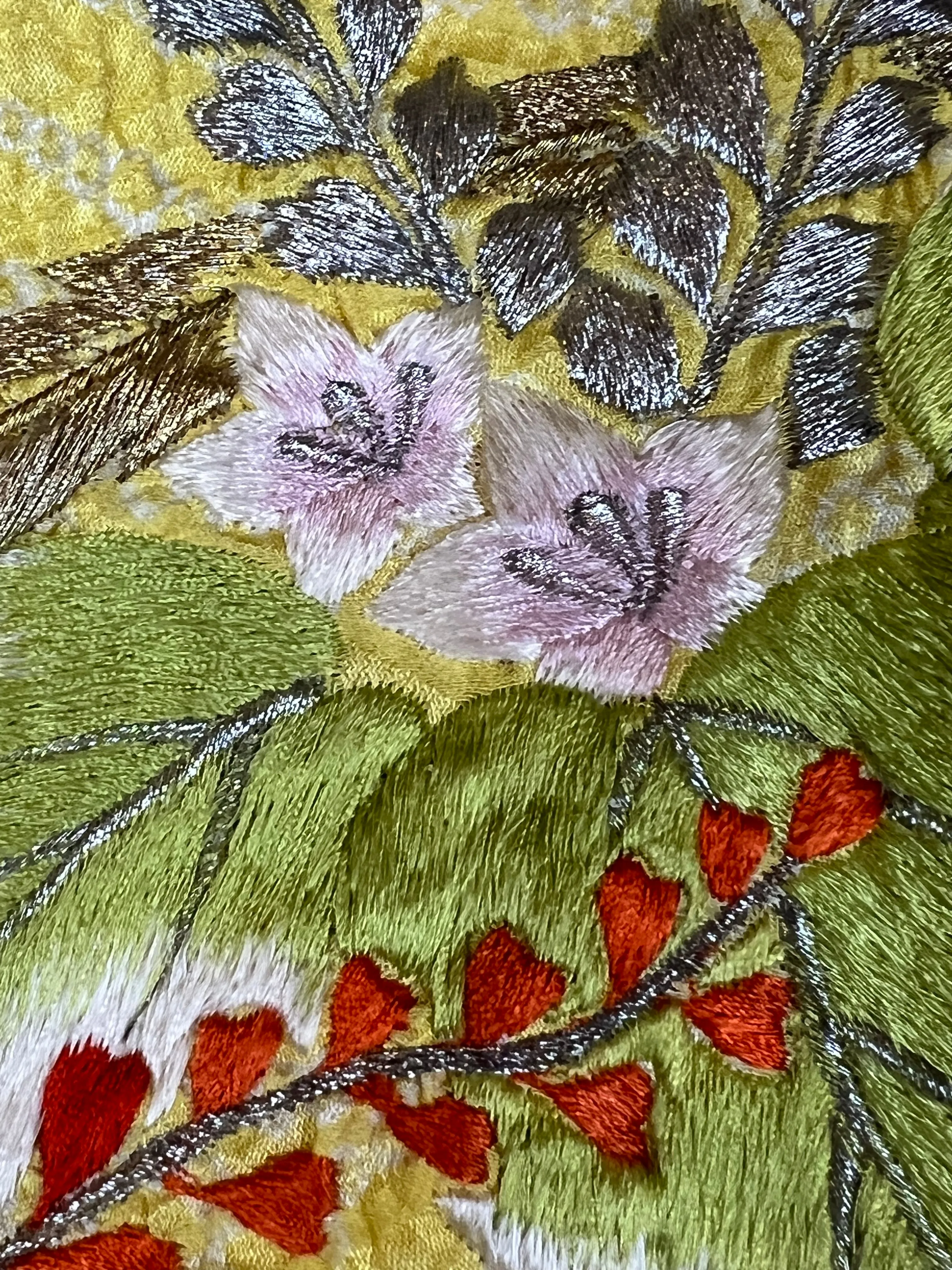 Vintage Japanese Silk Kimono in Shibori Tie-dye Style Soft Yellow w/ Embroidery 60"L