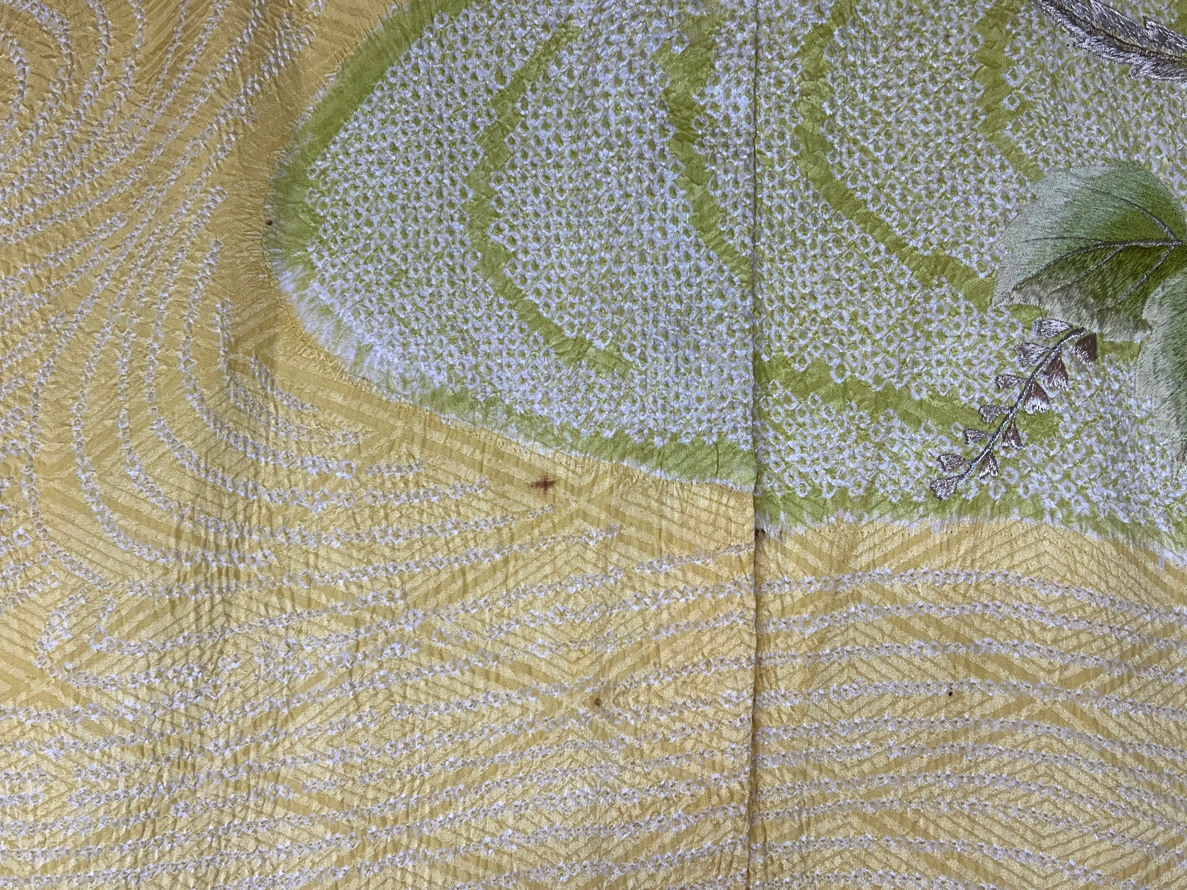 Vintage Japanese Silk Kimono in Shibori Tie-dye Style Soft Yellow w/ Embroidery 60"L