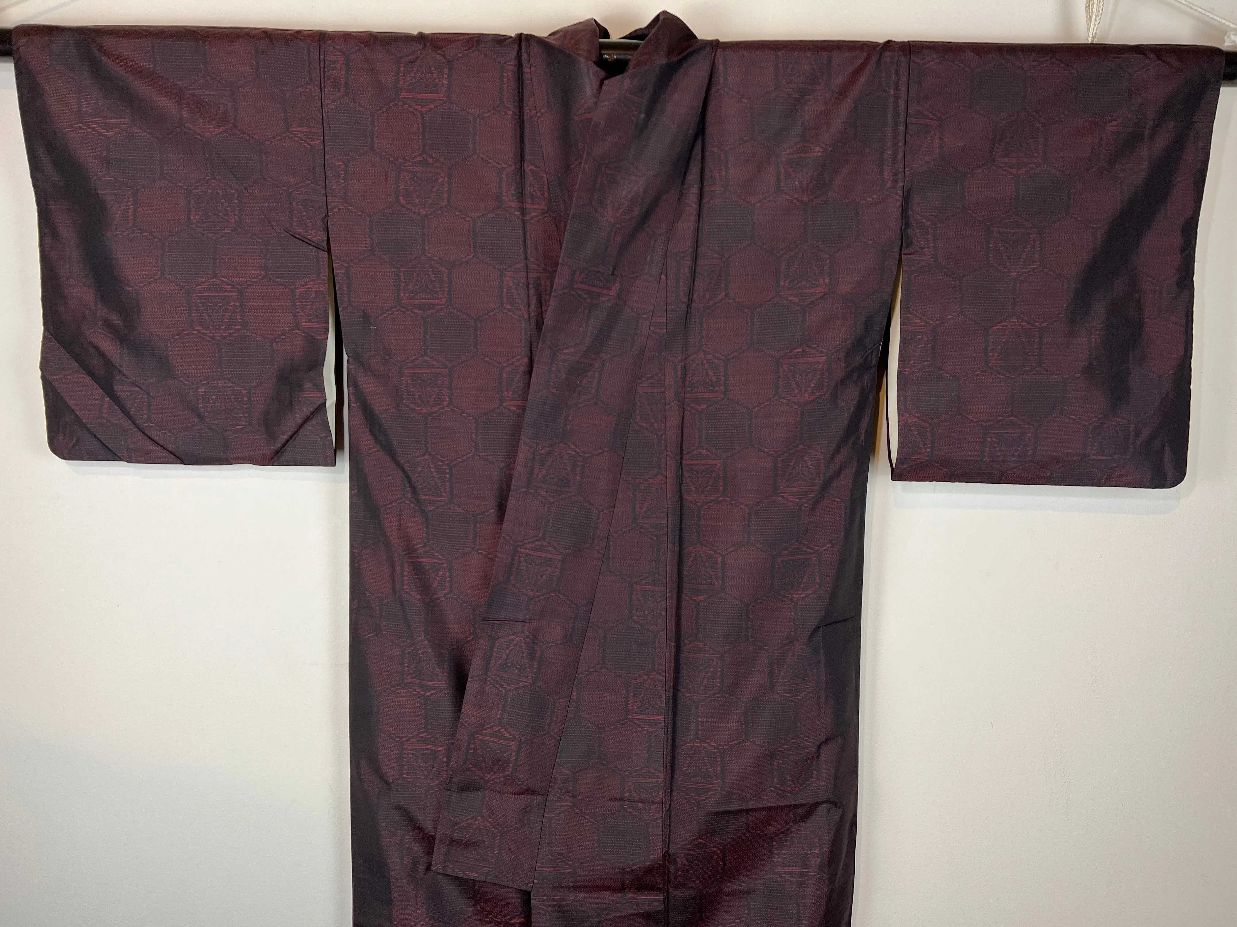 Vintage Japanese Silk Kimono Ruby Red & Black Hexagon Pattern 63"L