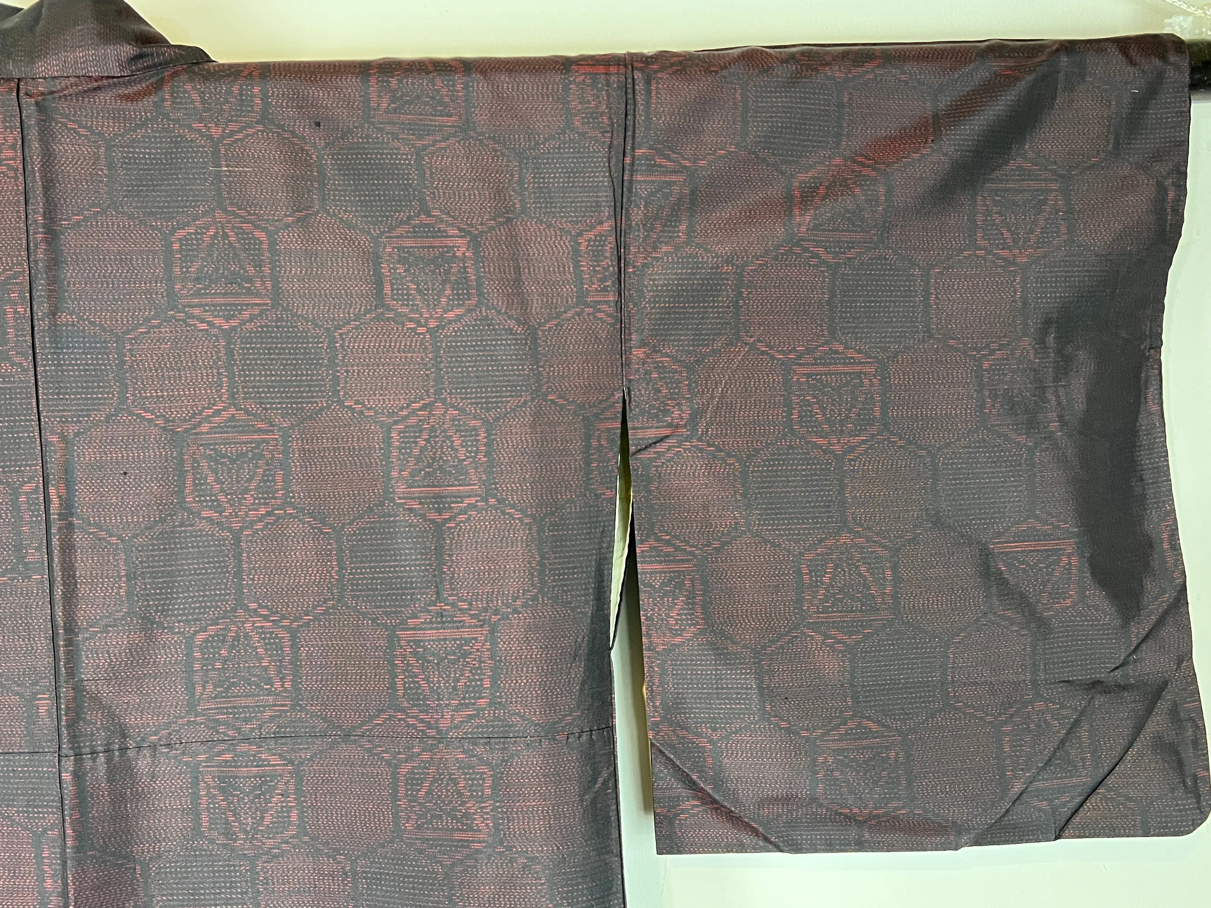 Vintage Japanese Silk Kimono Ruby Red & Black Hexagon Pattern 63"L