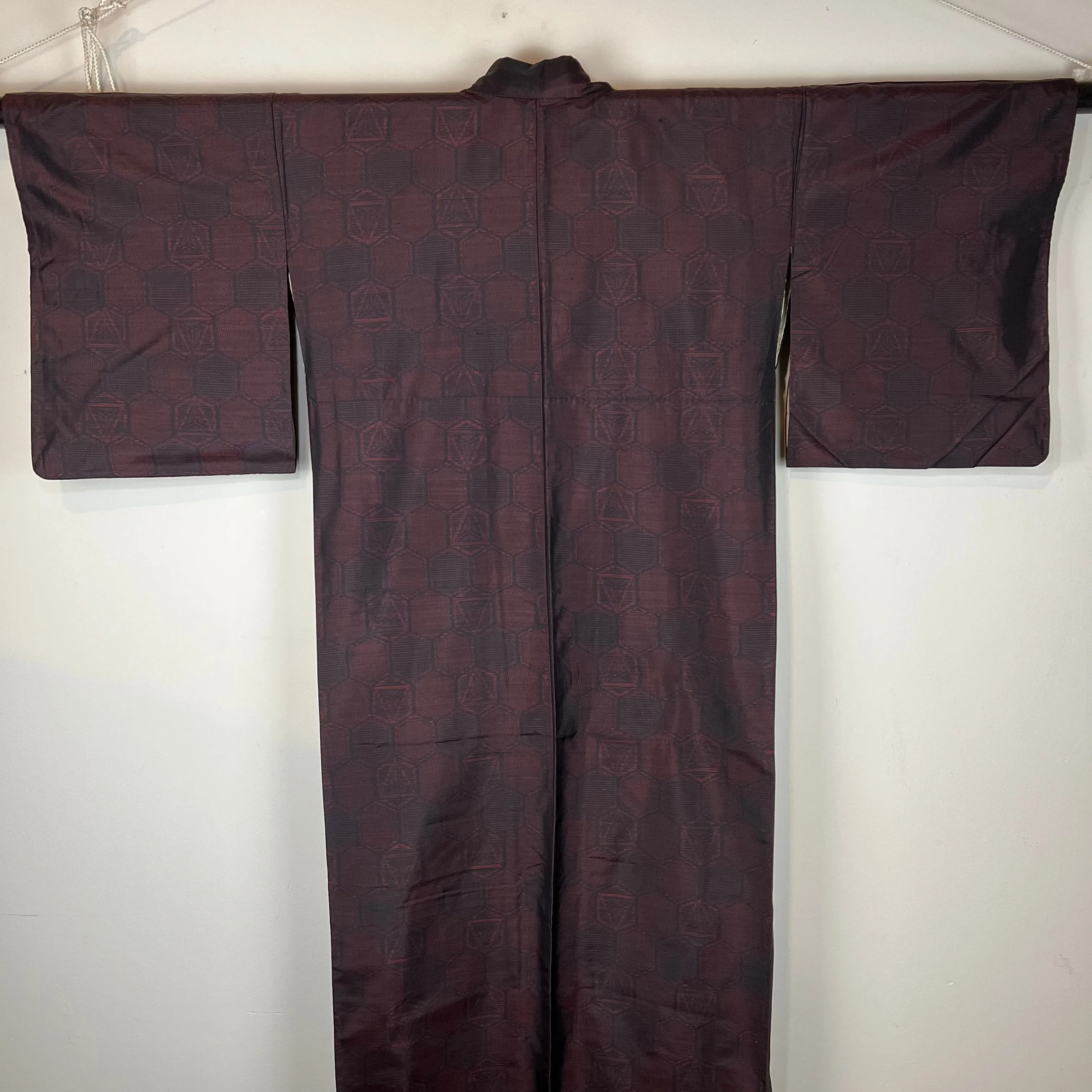 Vintage Japanese Silk Kimono Ruby Red & Black Hexagon Pattern 63"L
