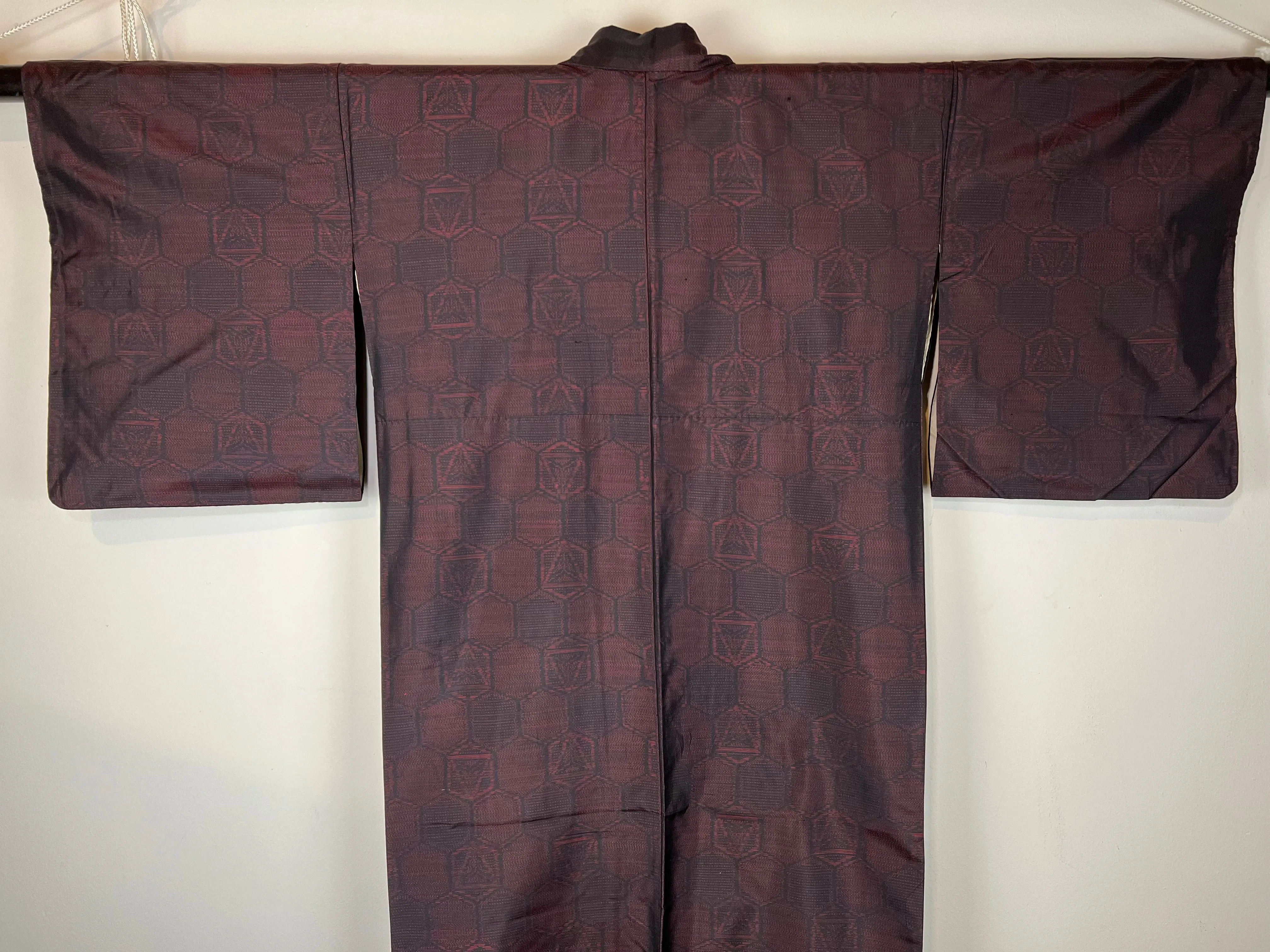 Vintage Japanese Silk Kimono Ruby Red & Black Hexagon Pattern 63"L