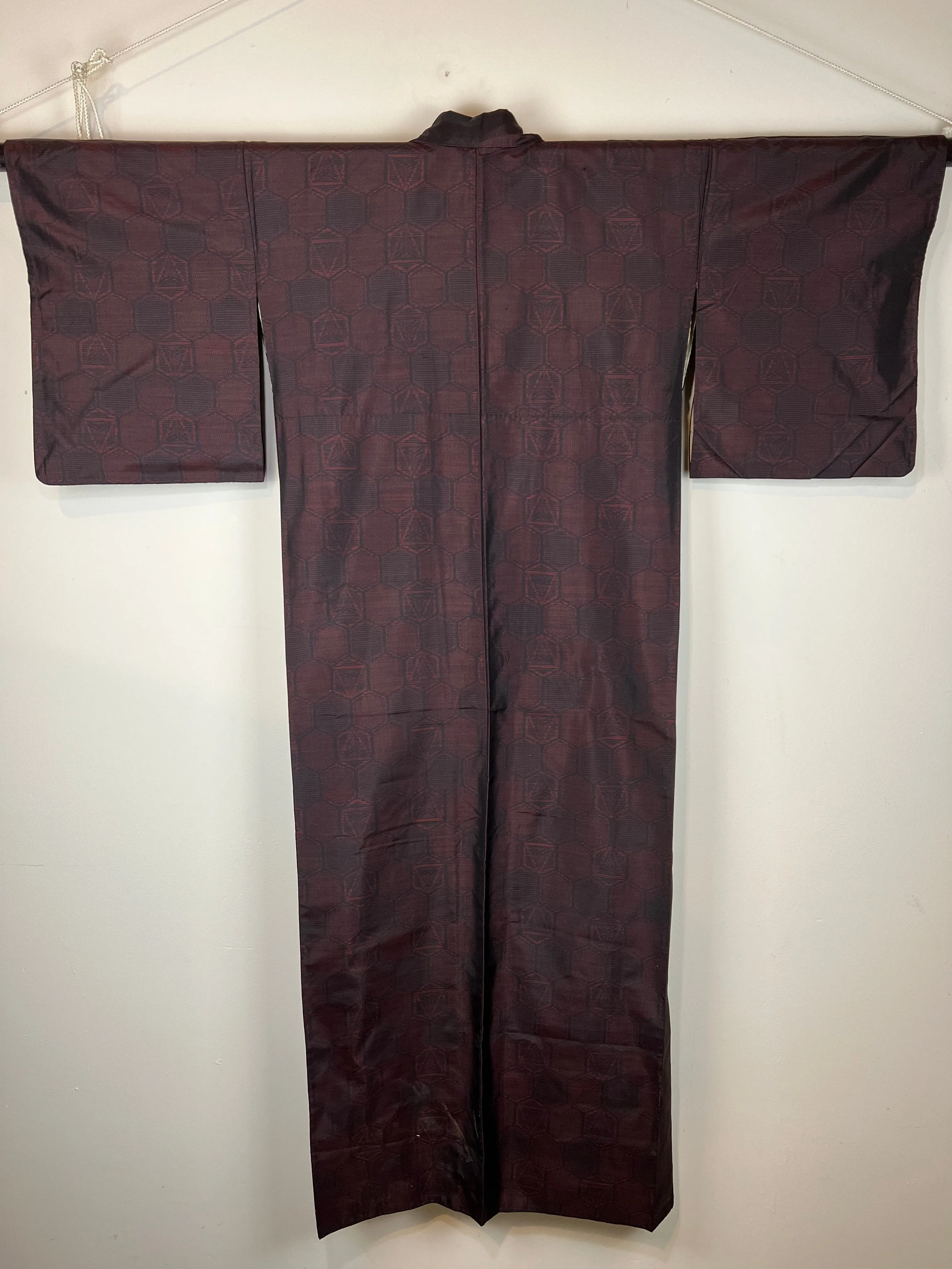Vintage Japanese Silk Kimono Ruby Red & Black Hexagon Pattern 63"L