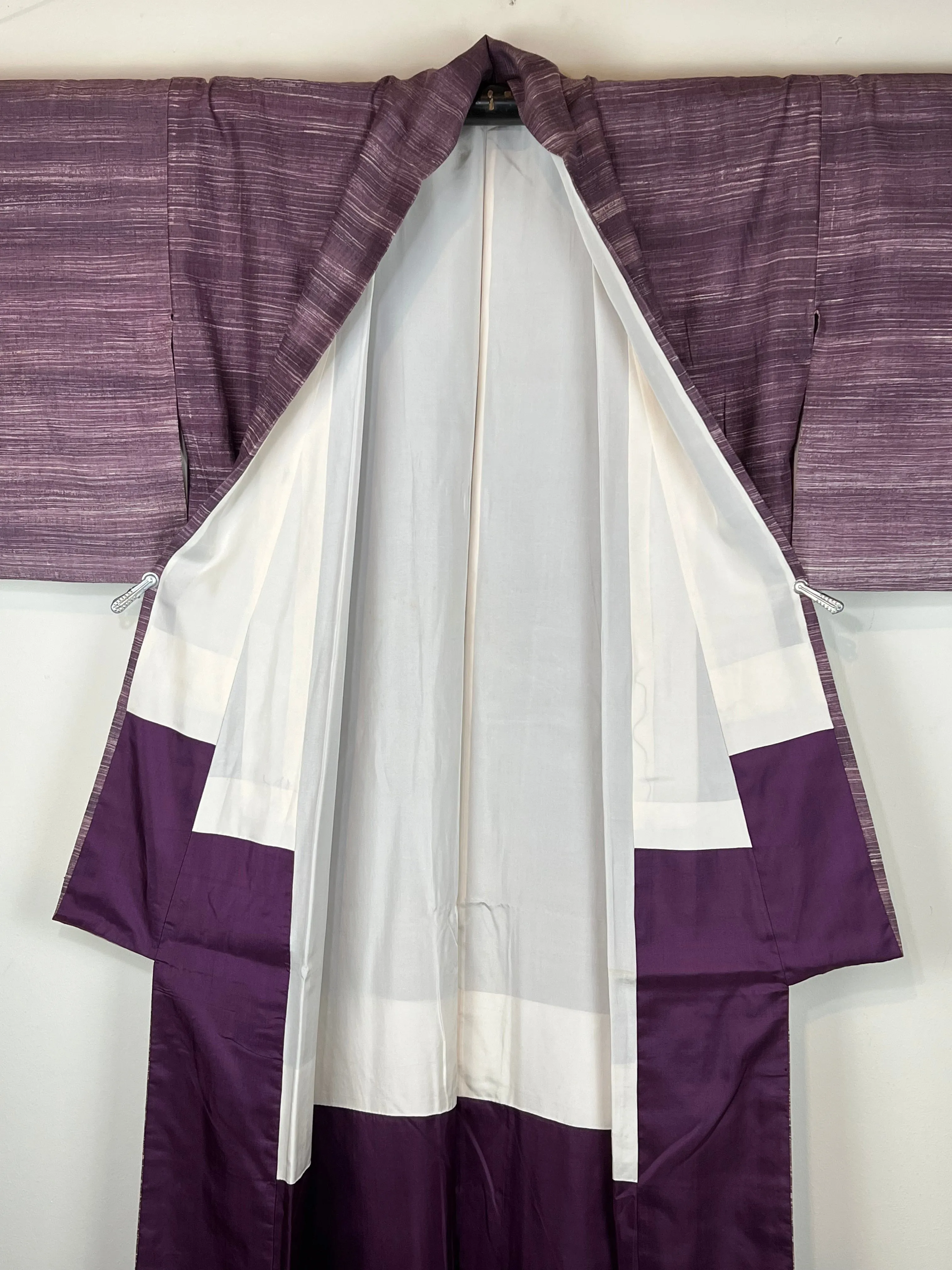 Vintage Japanese Silk Kimono Striated Plum Purple 63"L