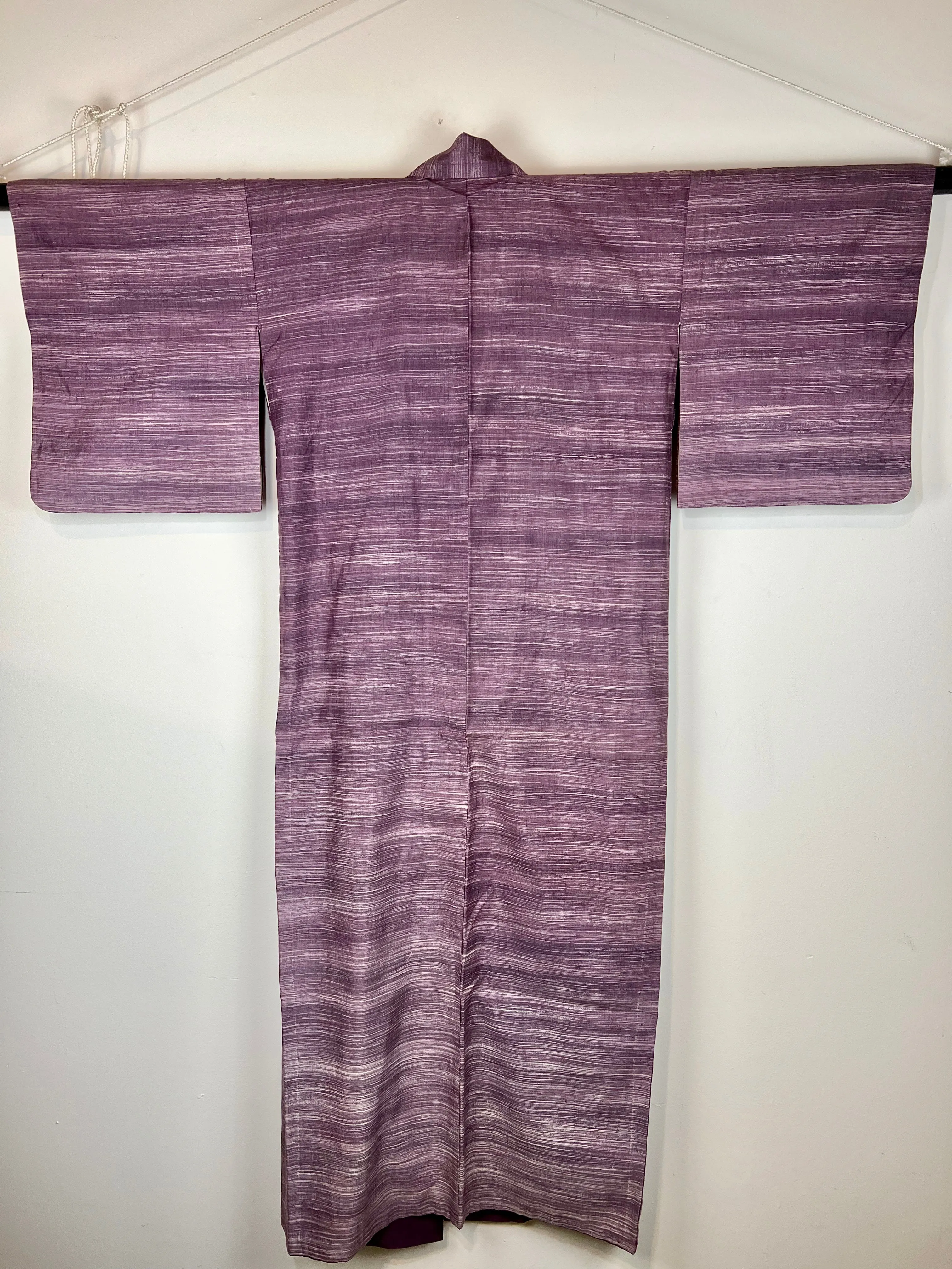 Vintage Japanese Silk Kimono Striated Plum Purple 63"L