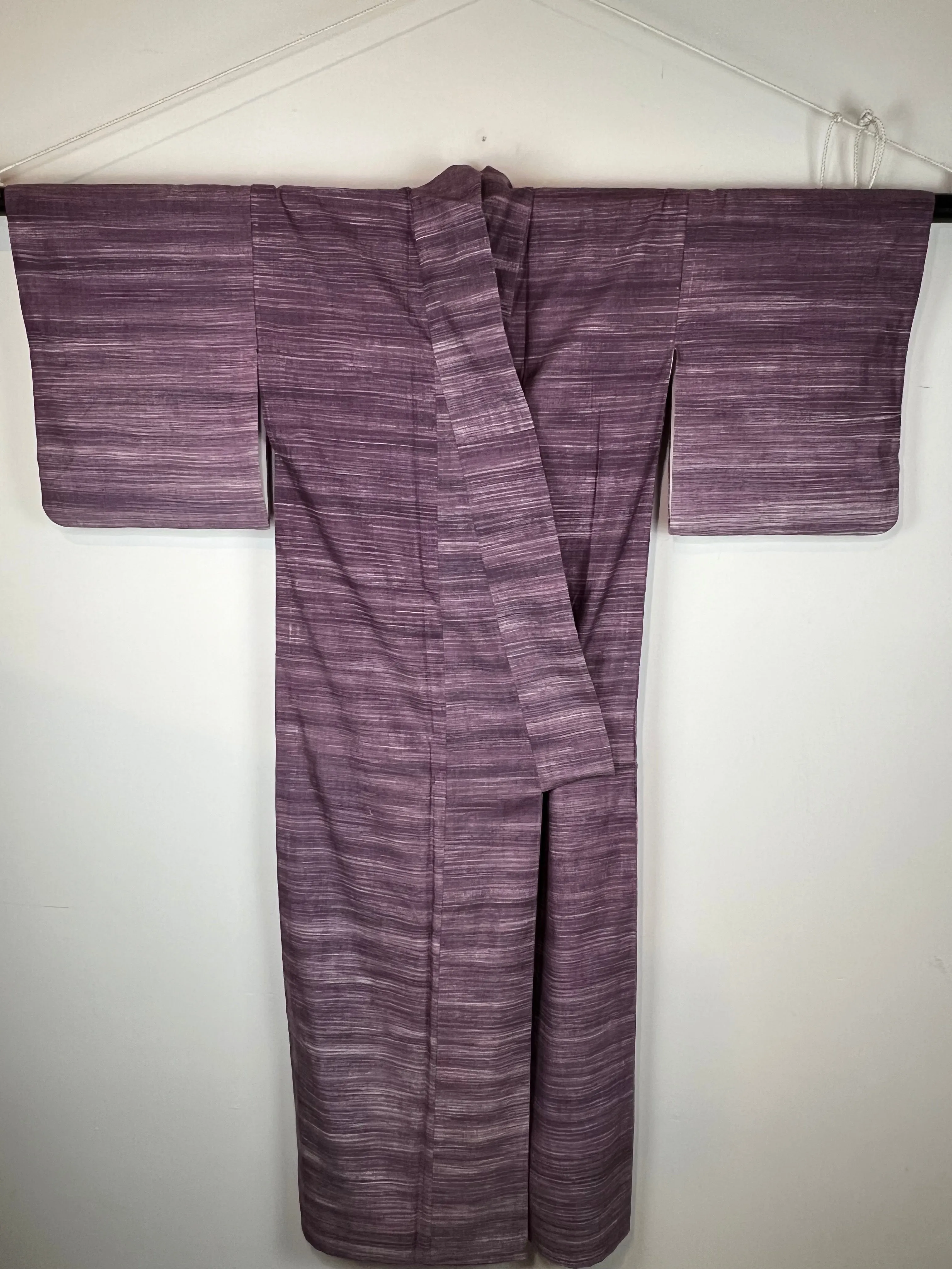 Vintage Japanese Silk Kimono Striated Plum Purple 63"L