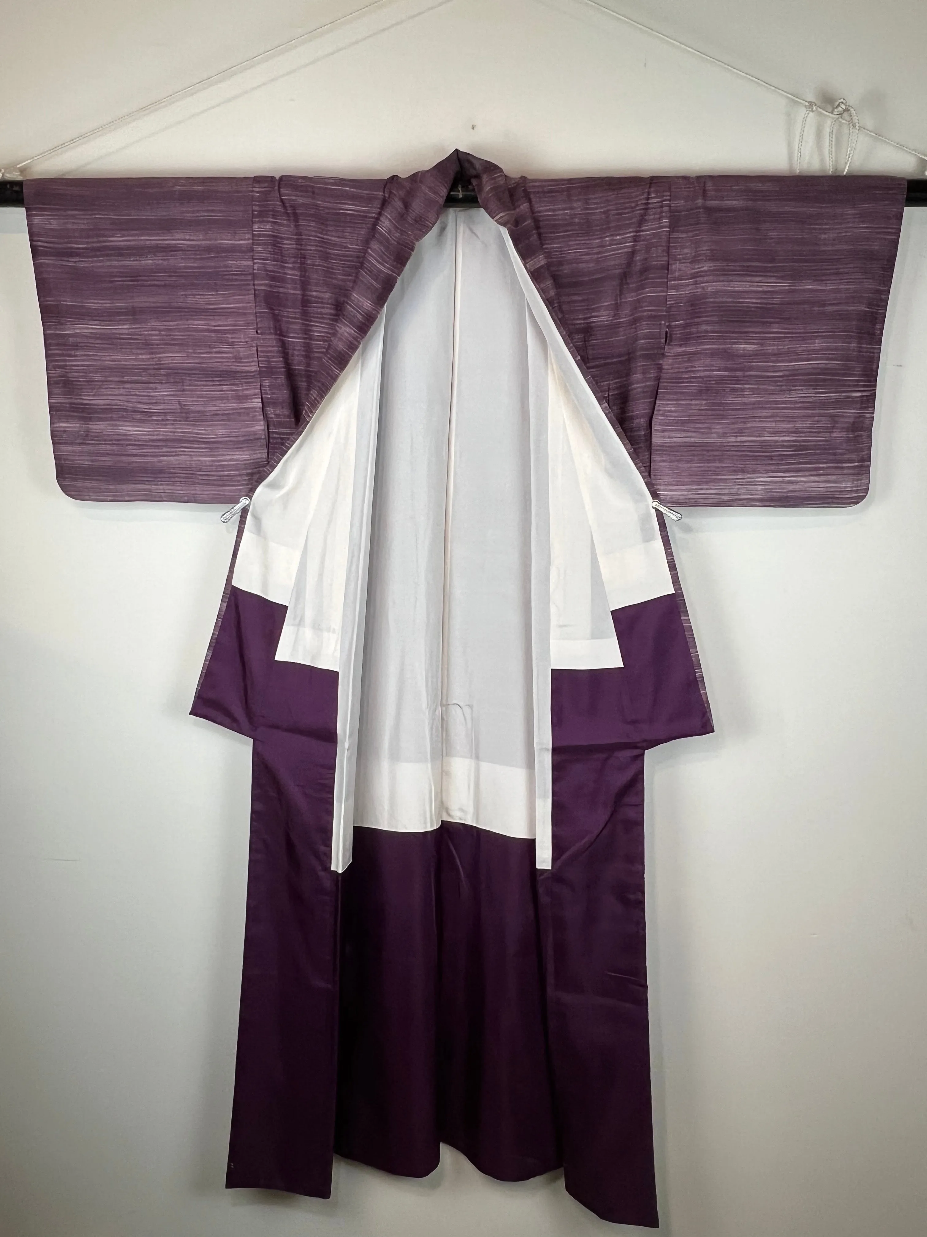 Vintage Japanese Silk Kimono Striated Plum Purple 63"L