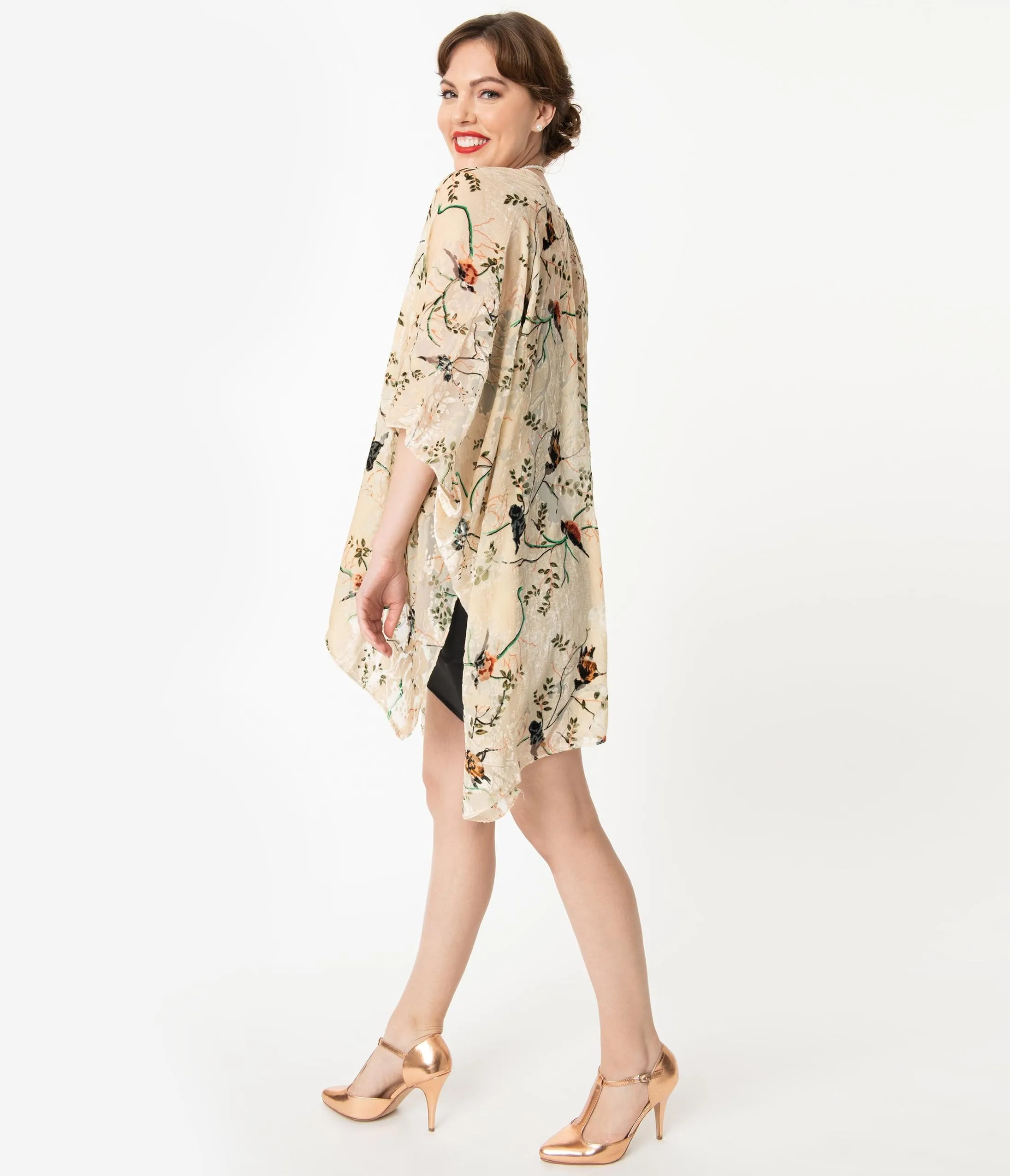 Vintage Style Beige & Multi Bird Devore Velvet Kimono
