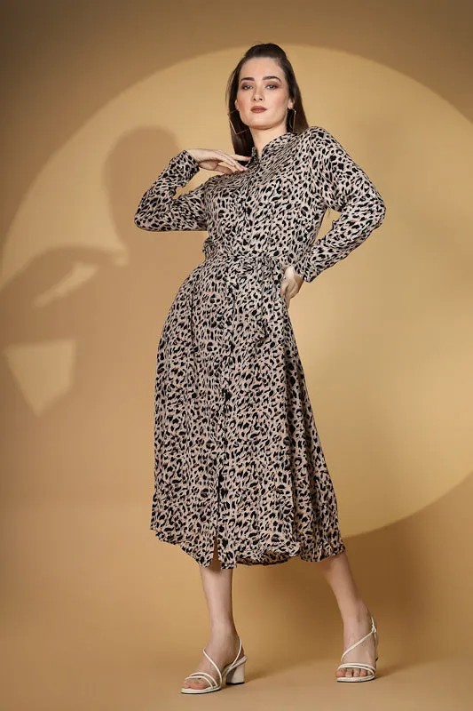 Women Brown Collar Neck Printed Shirt Dress