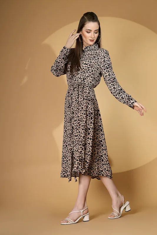 Women Brown Collar Neck Printed Shirt Dress