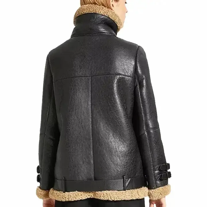 Women Oversized Black Sheepskin Shearling Leather Jacket Coat