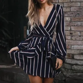 Women's Autumn Casual Striped V-Neck Mini Dress With Ruffles