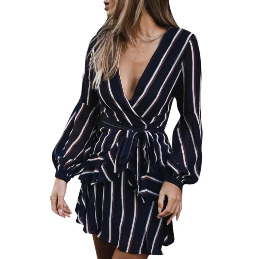 Women's Autumn Casual Striped V-Neck Mini Dress With Ruffles