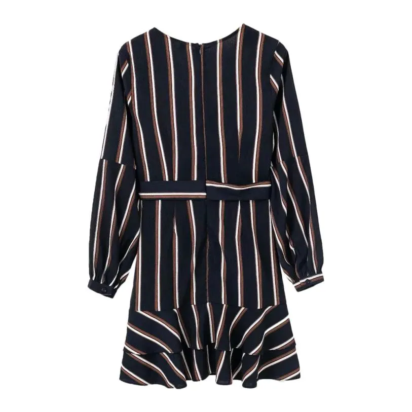 Women's Autumn Casual Striped V-Neck Mini Dress With Ruffles