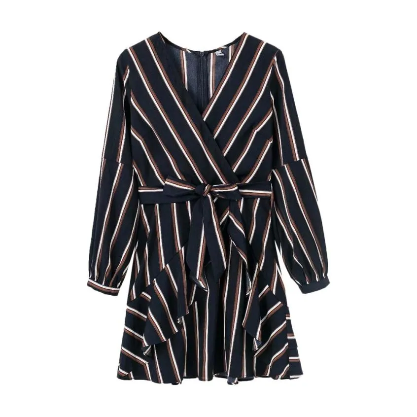 Women's Autumn Casual Striped V-Neck Mini Dress With Ruffles