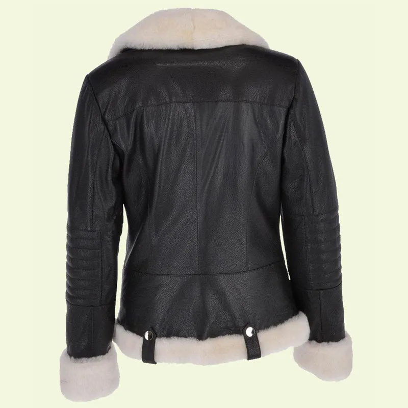 Womens Black Biker White Shearling Jacket