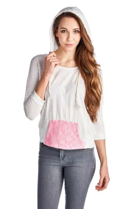 Women's Pullover Jersey Hoodie with Contrast Lace Pocket