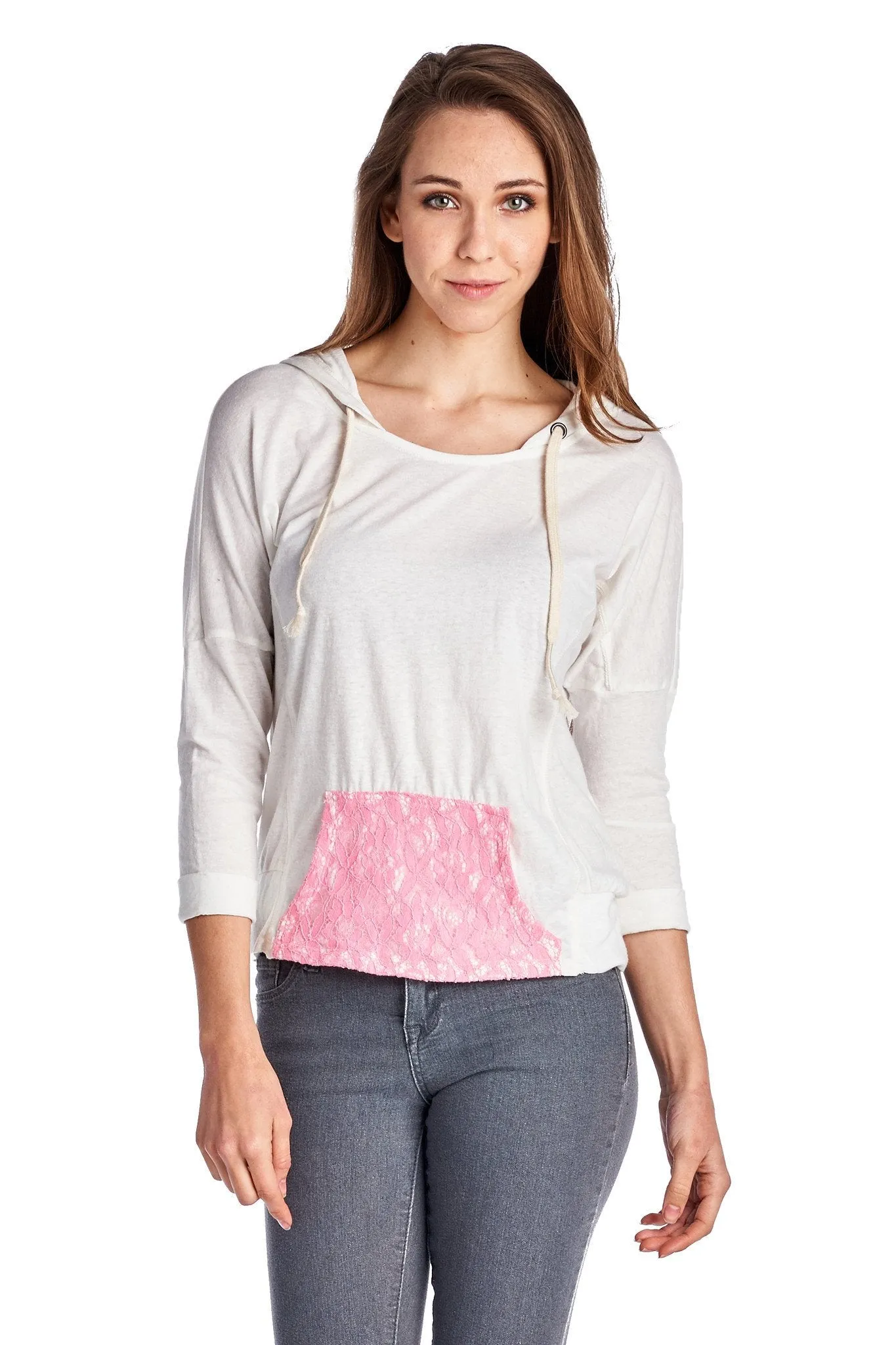 Women's Pullover Jersey Hoodie with Contrast Lace Pocket