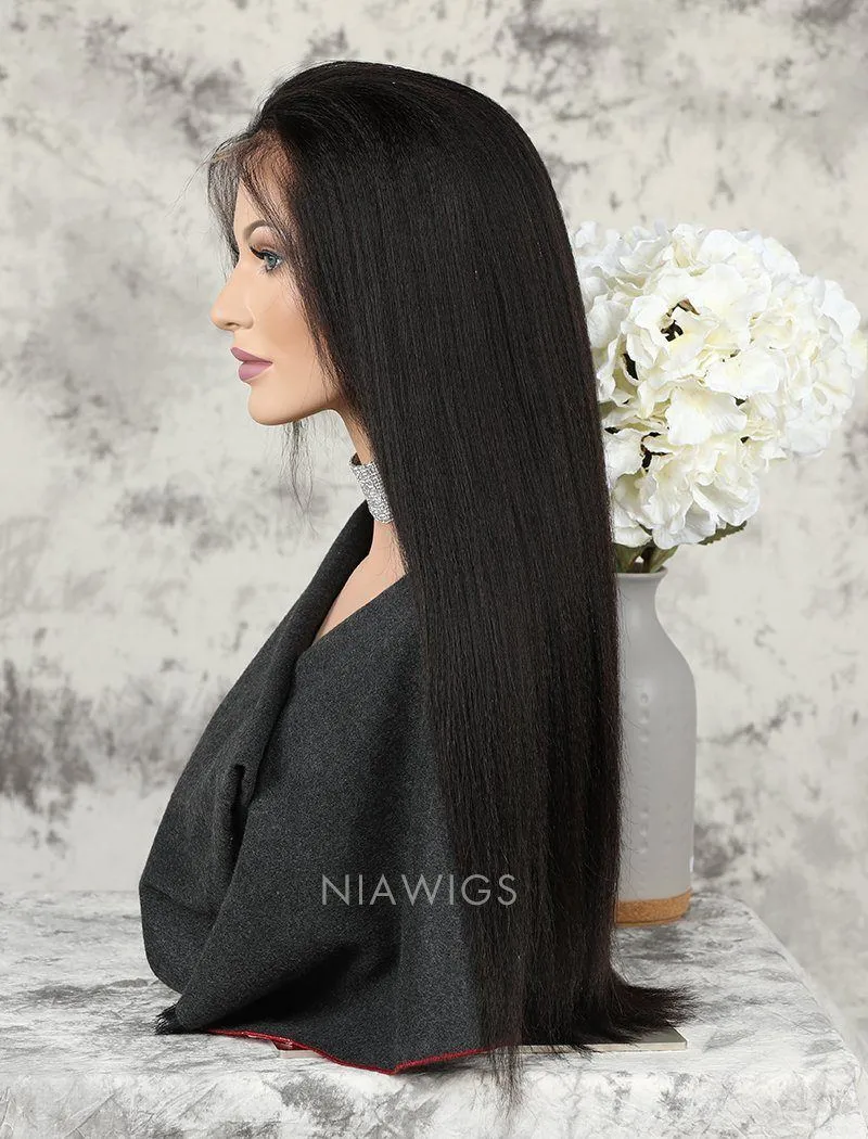 Yaki Straight Human Hair Skin Base Lace Front Wigs