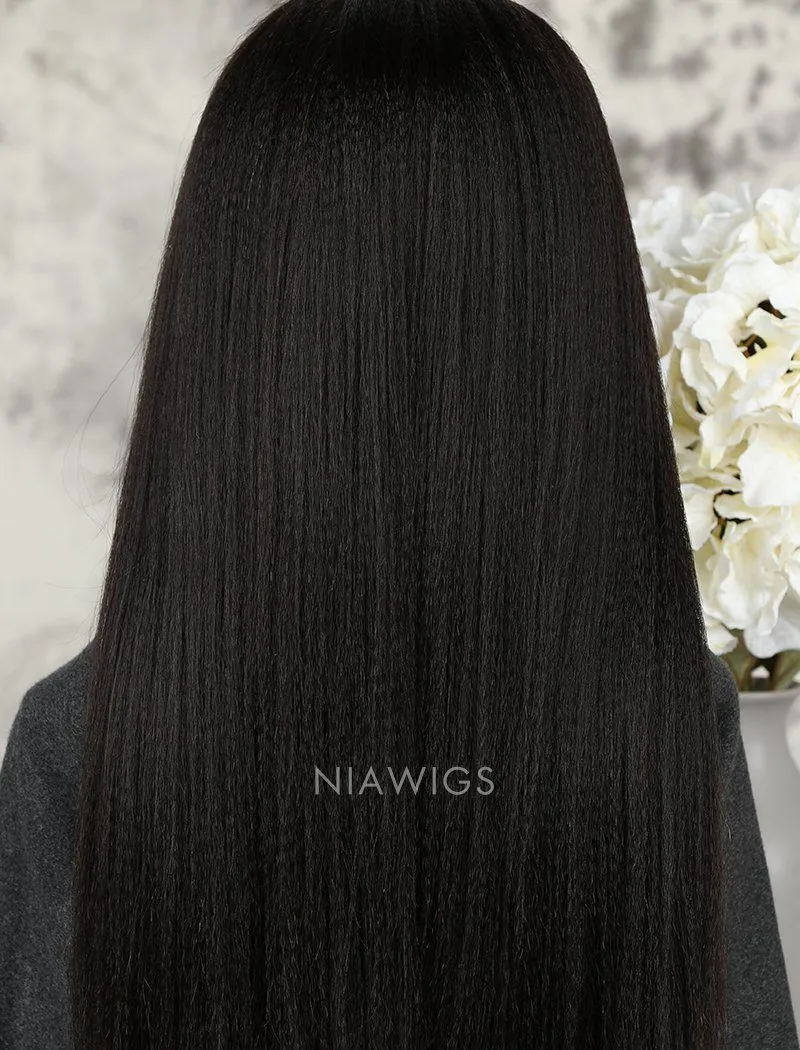 Yaki Straight Human Hair Skin Base Lace Front Wigs
